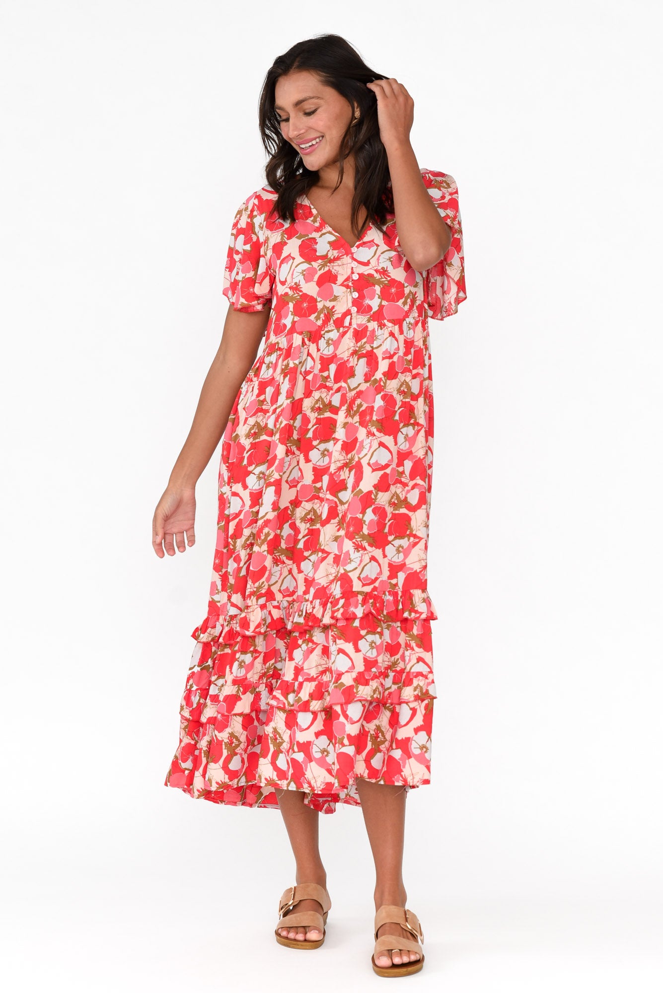 Akira Red Bloom Button Tier Dress