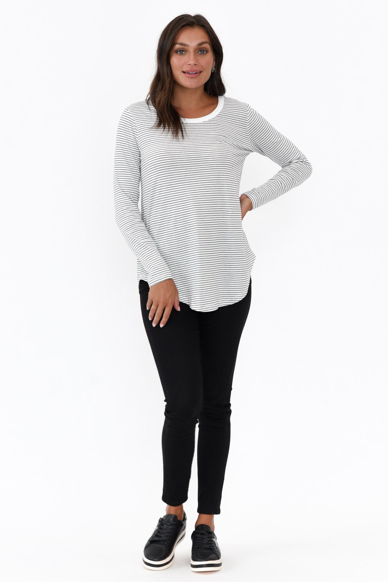 Megan White Stripe Long Sleeve Cotton Top