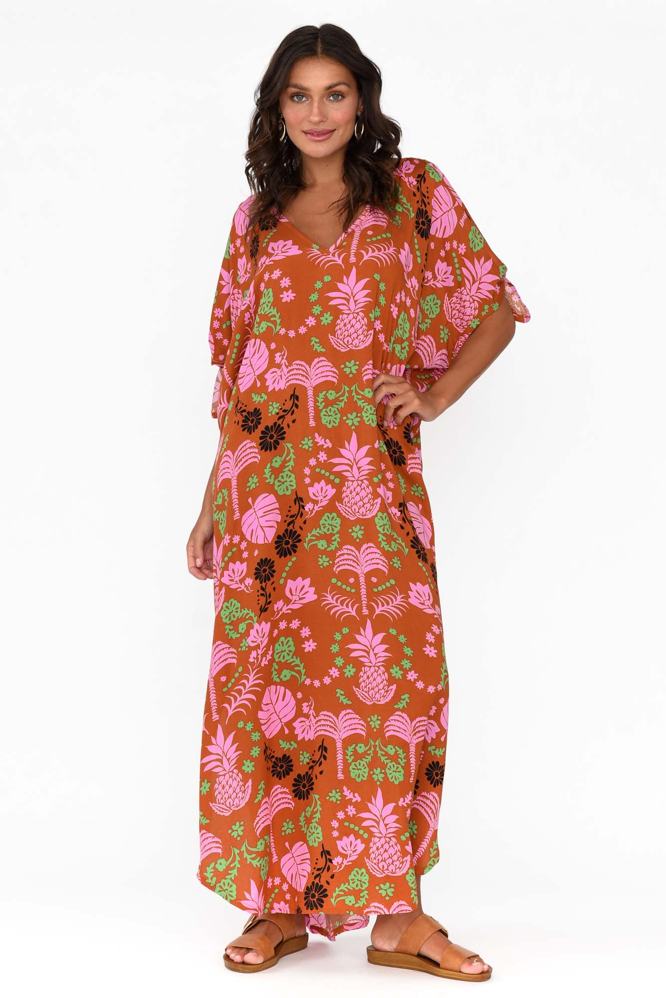 Marika Rust Tropical Cold Shoulder Kaftan