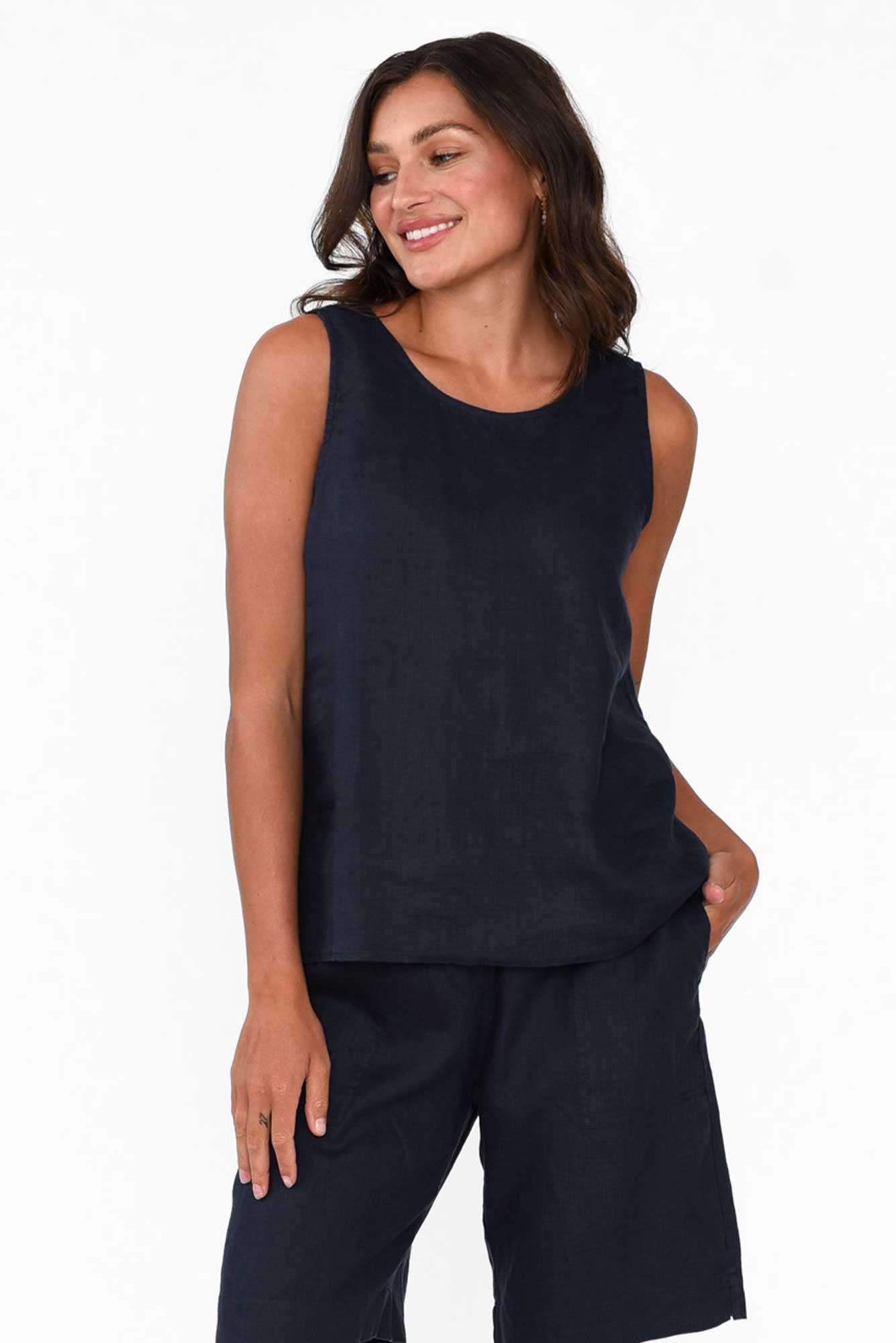 Bianca Navy Linen Button Back Tank