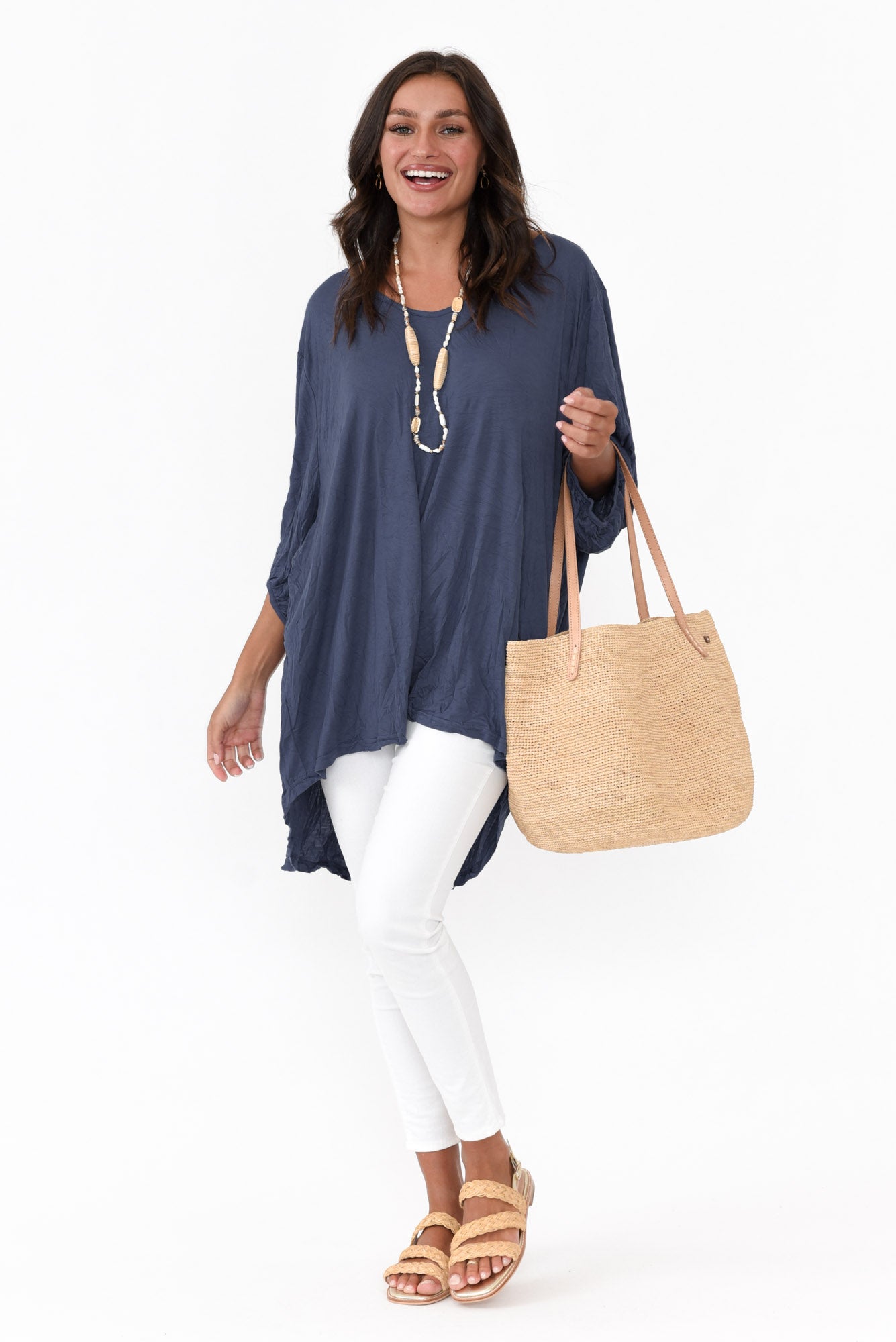 Agnes Navy Crinkle Cotton Hi Lo Top
