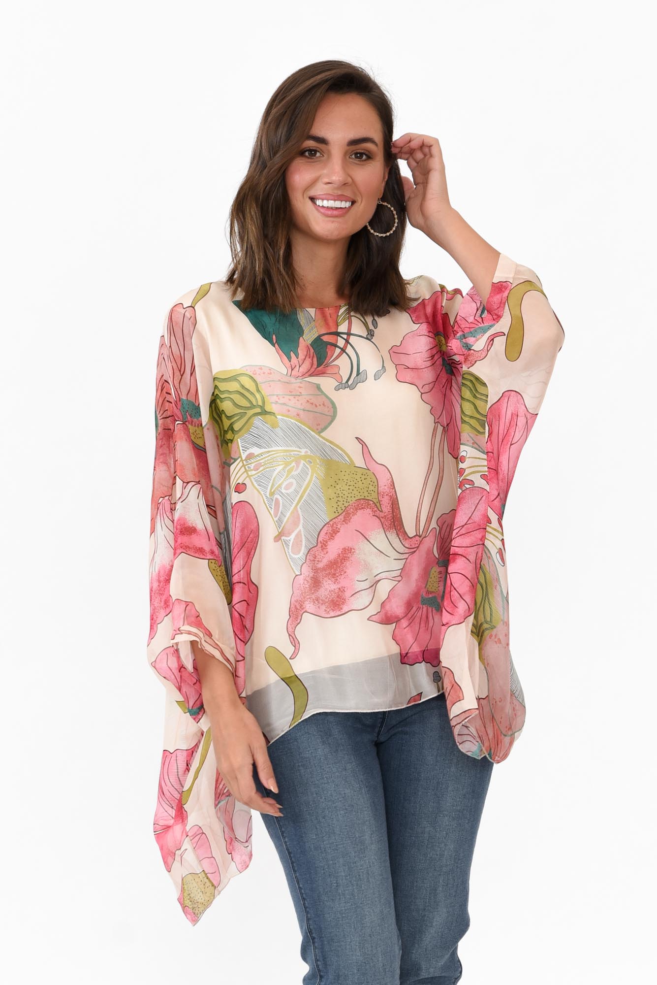 Trevino Pink Flower Silk Overlay Top