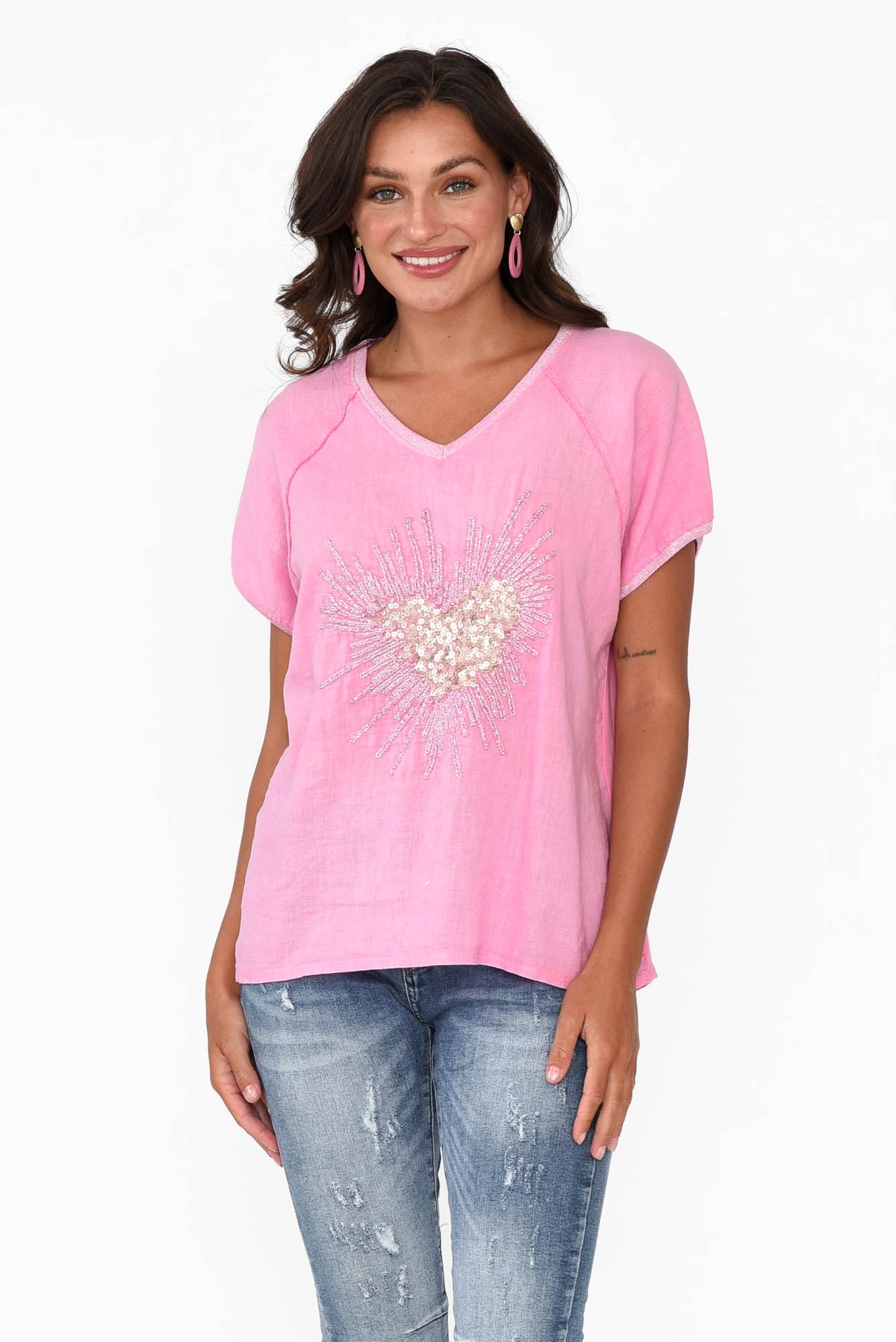Candela Pink Sequin Heart Linen Top