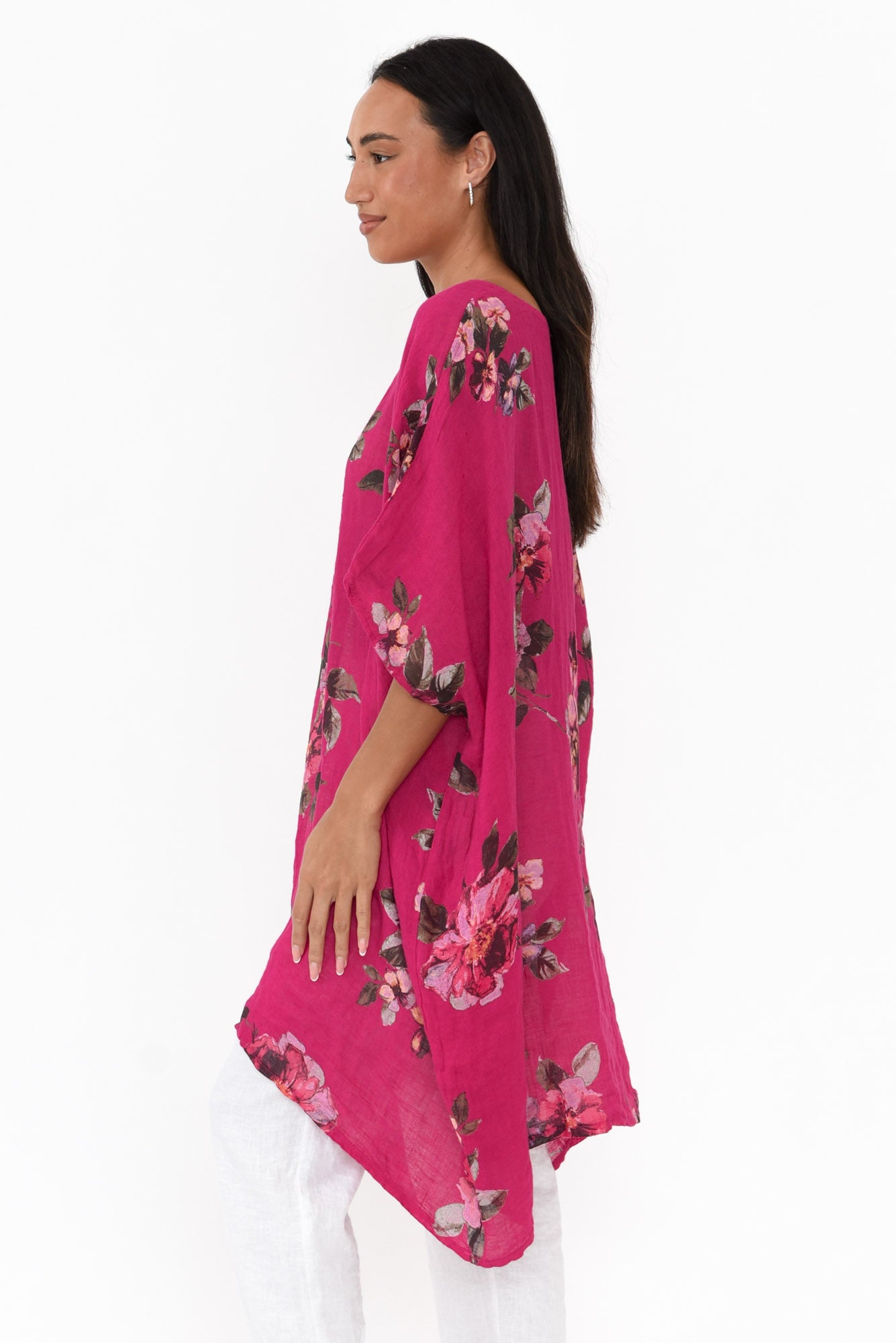 Noemi Hot Pink Floral Linen Kaftan Tunic