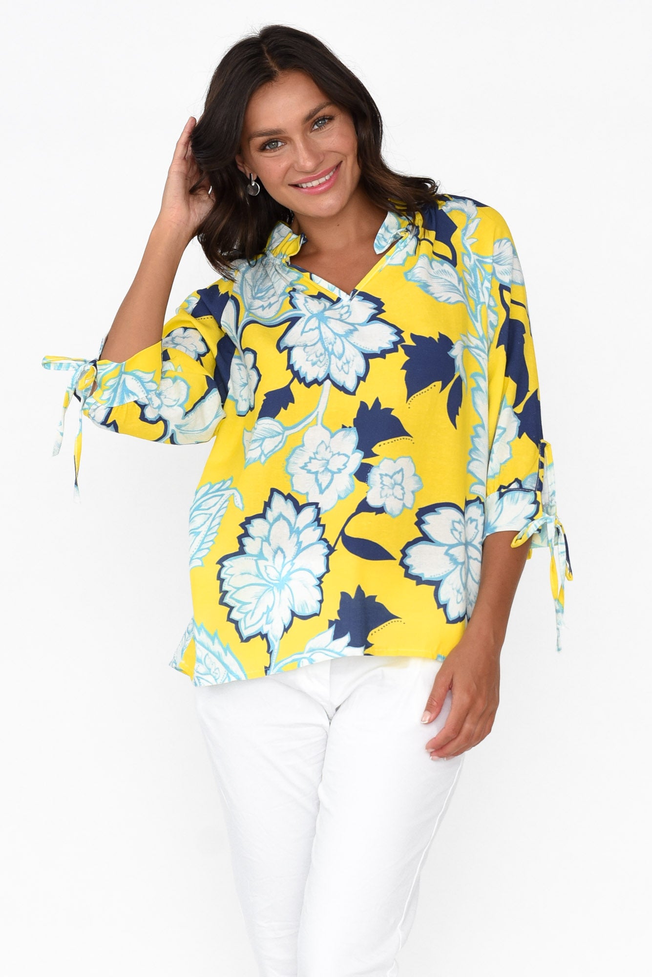 Hebe Yellow Floral Linen Blend Top