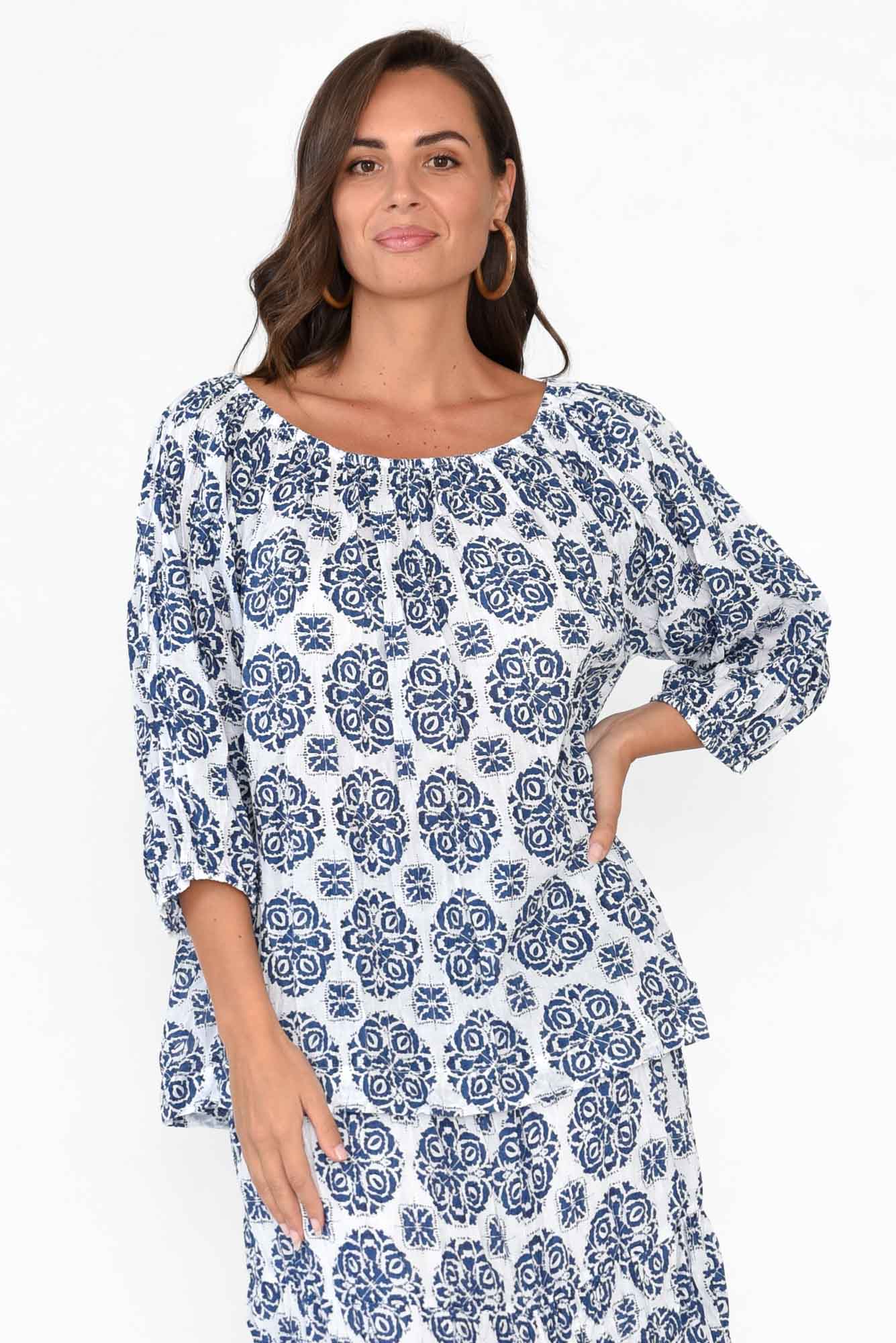 Christina Navy Fiesta Crinkle Cotton Top