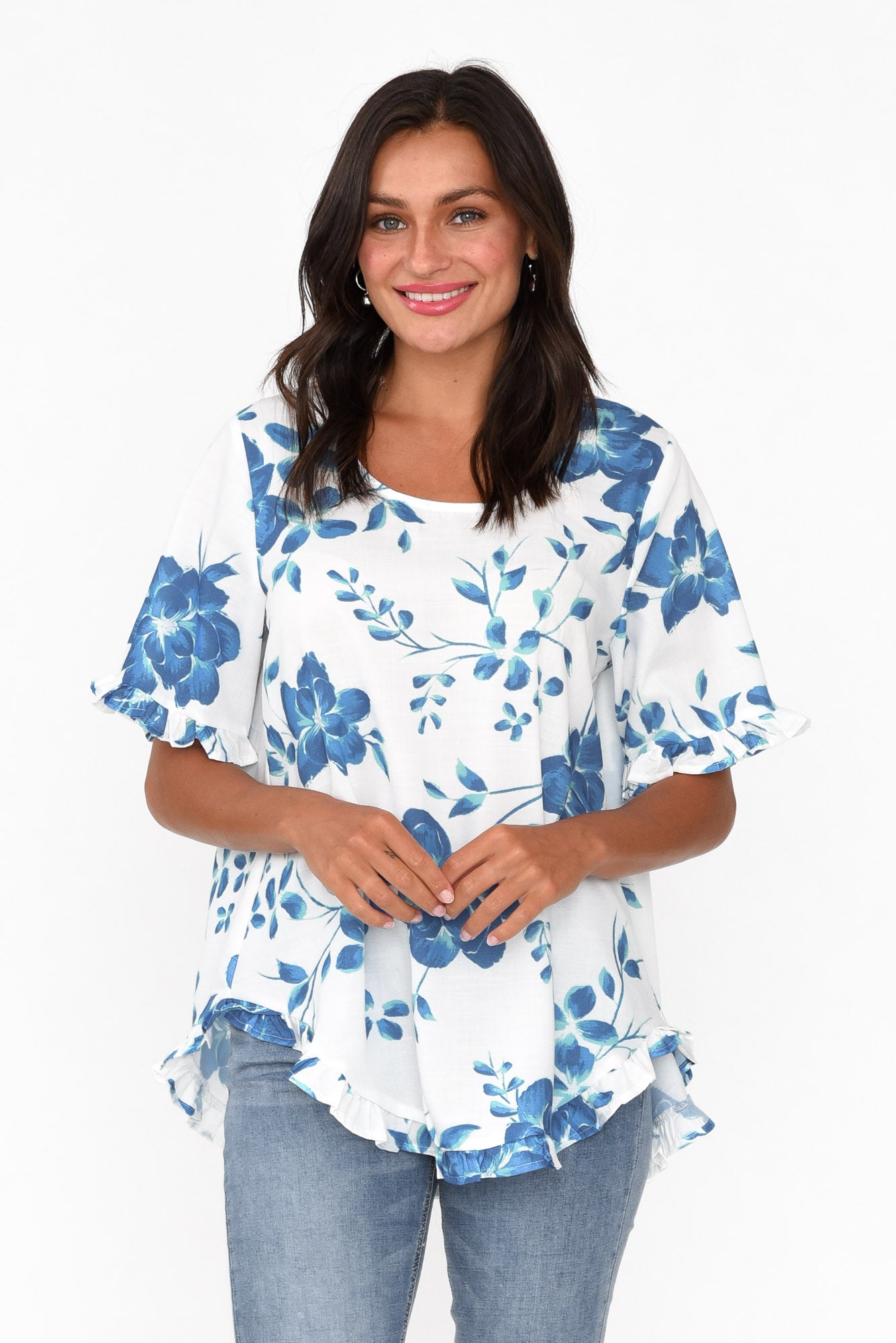 Perrin Blue Floral Ruffle Top