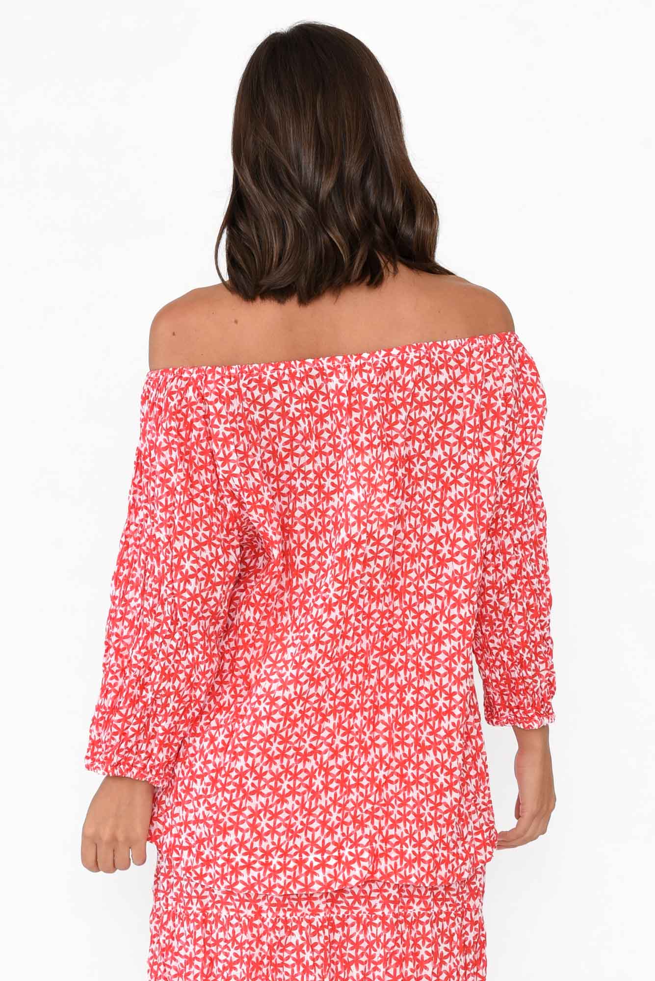 Christina Red Flower Crinkle Cotton Top