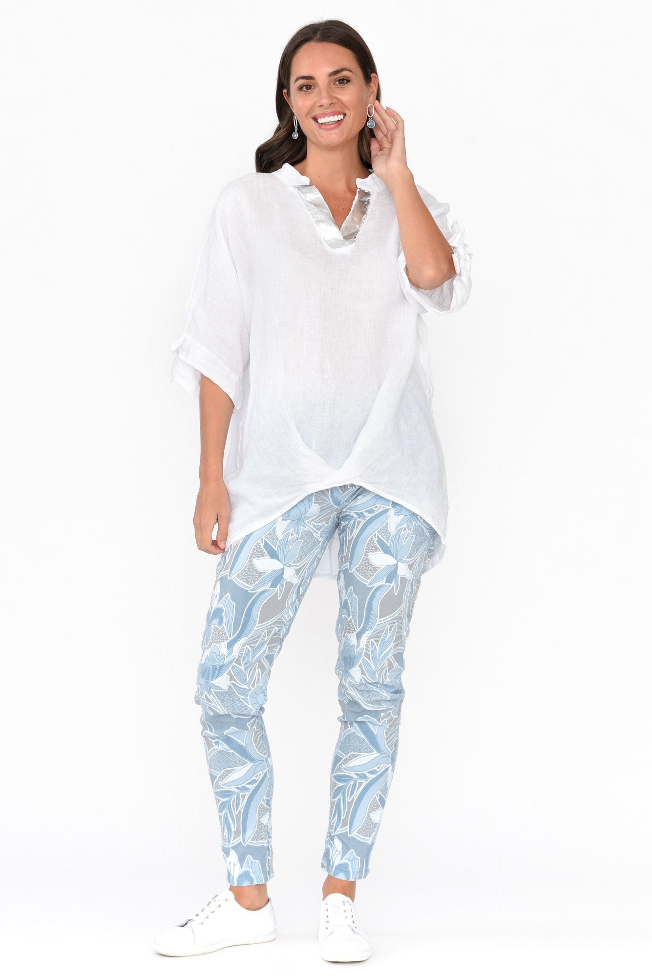 Pierce White Foil Linen V Neck Top