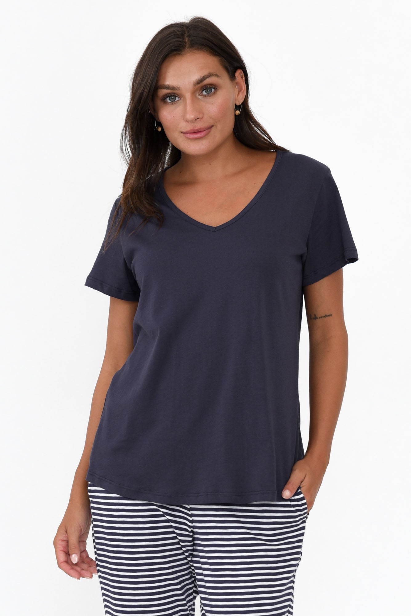 Ava Navy Cotton V Neck Tee