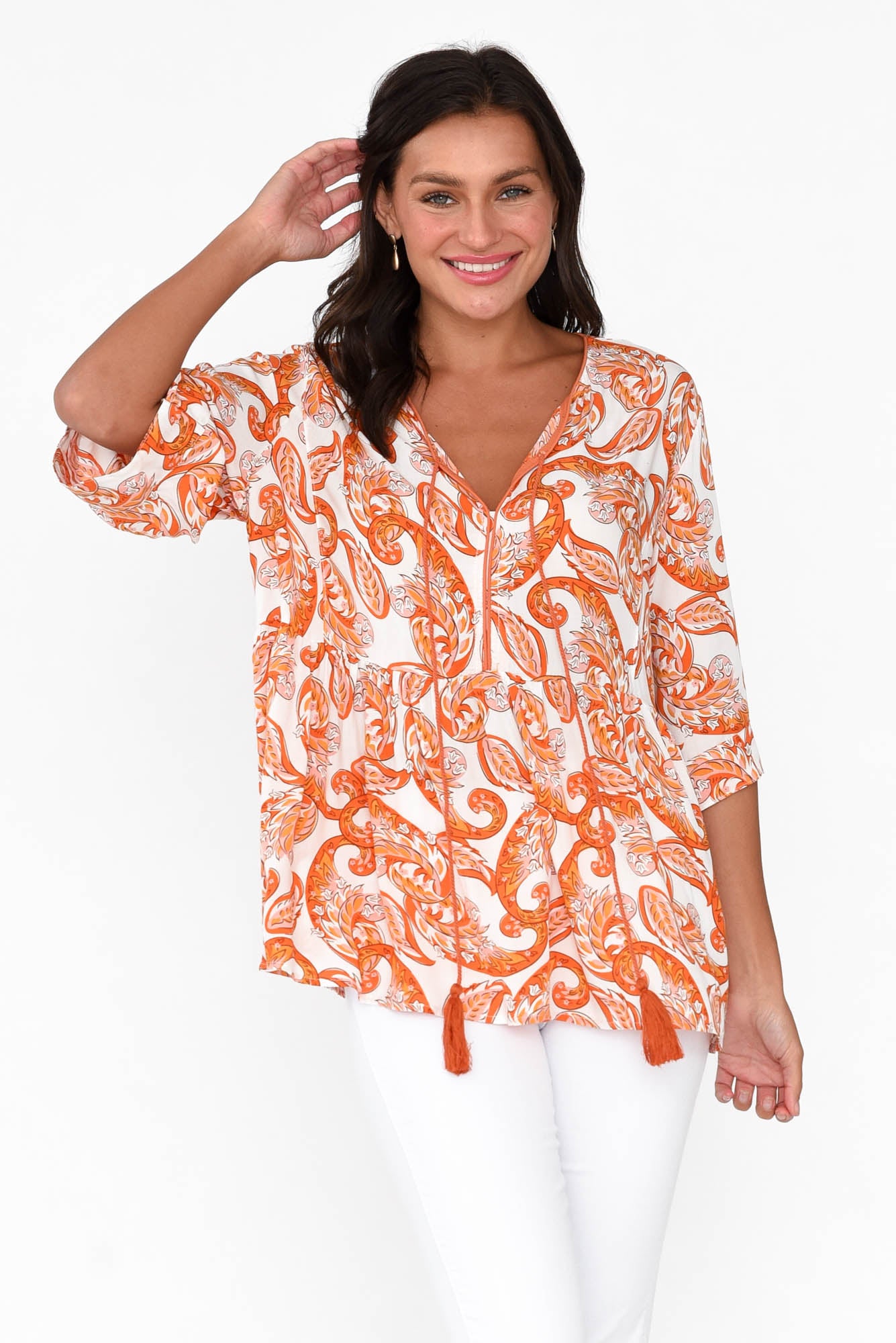 Gwendolyn Orange Paisley Tassel Top