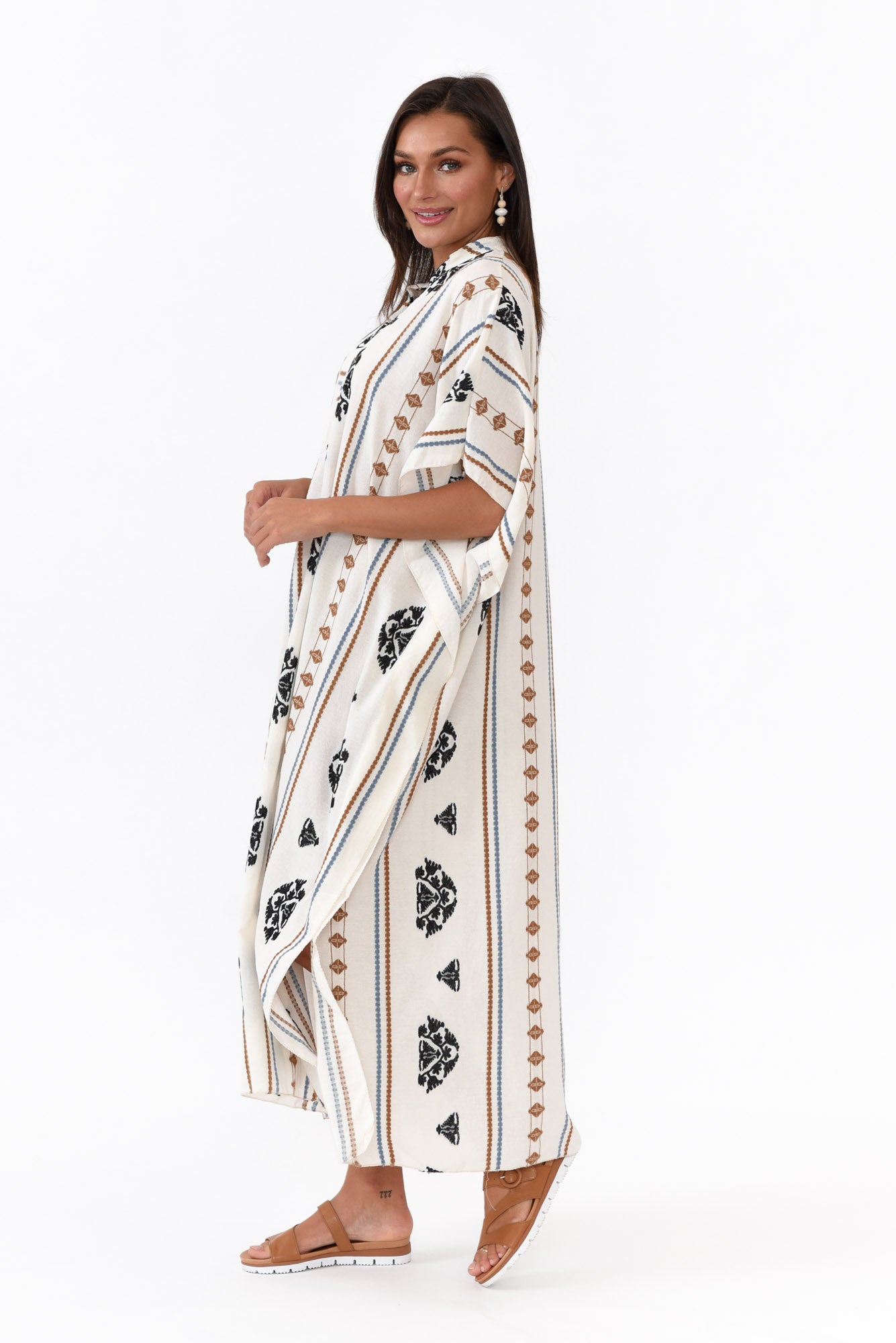 Higgins White Embroidered Cotton Kaftan