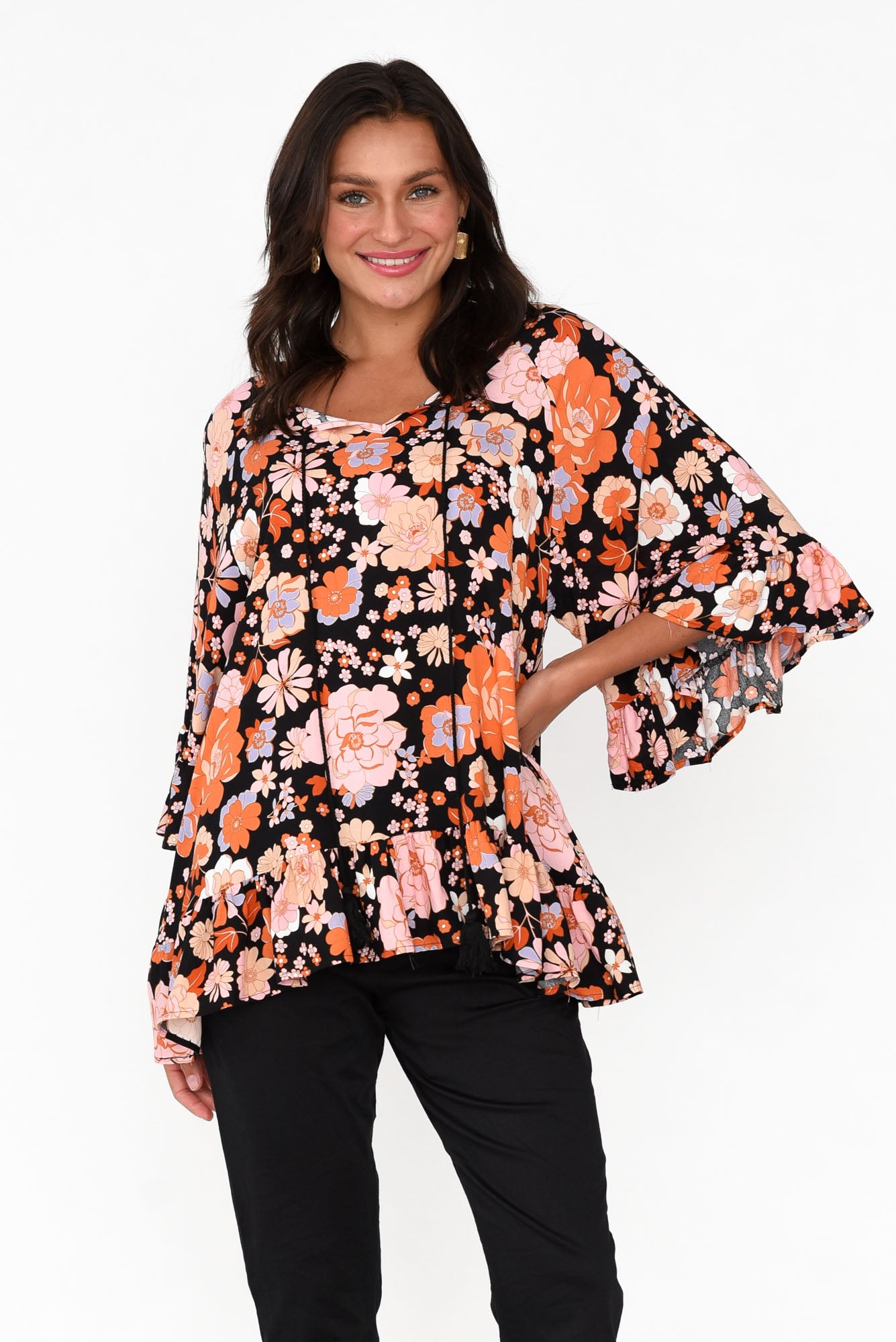 Chase Black Bloom Tassel Ruffle Top
