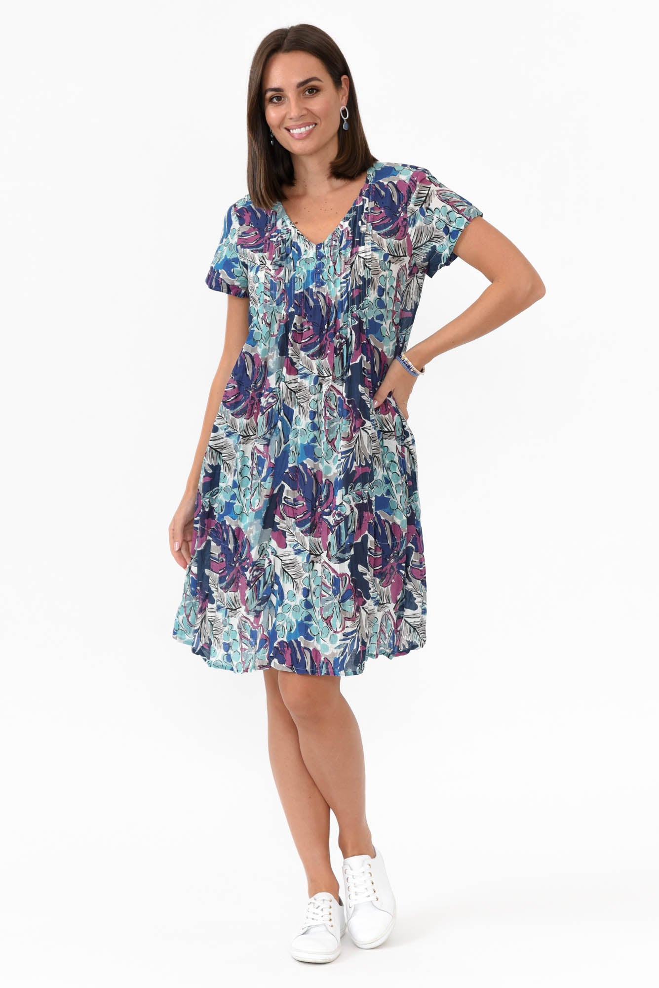 Sabina Blue Palm Crinkle Cotton Dress
