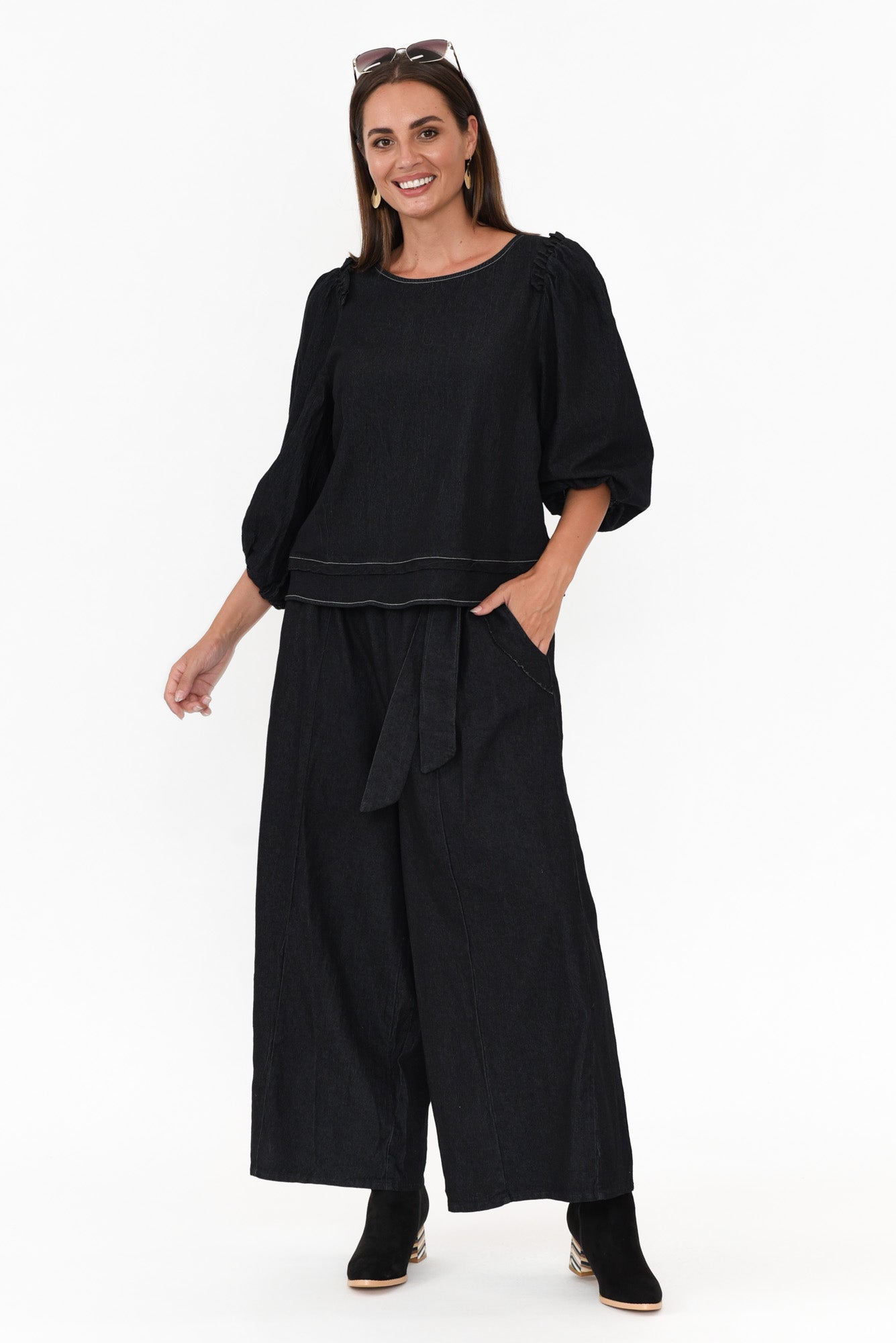Ferguson Black Cotton Blend Frill Top