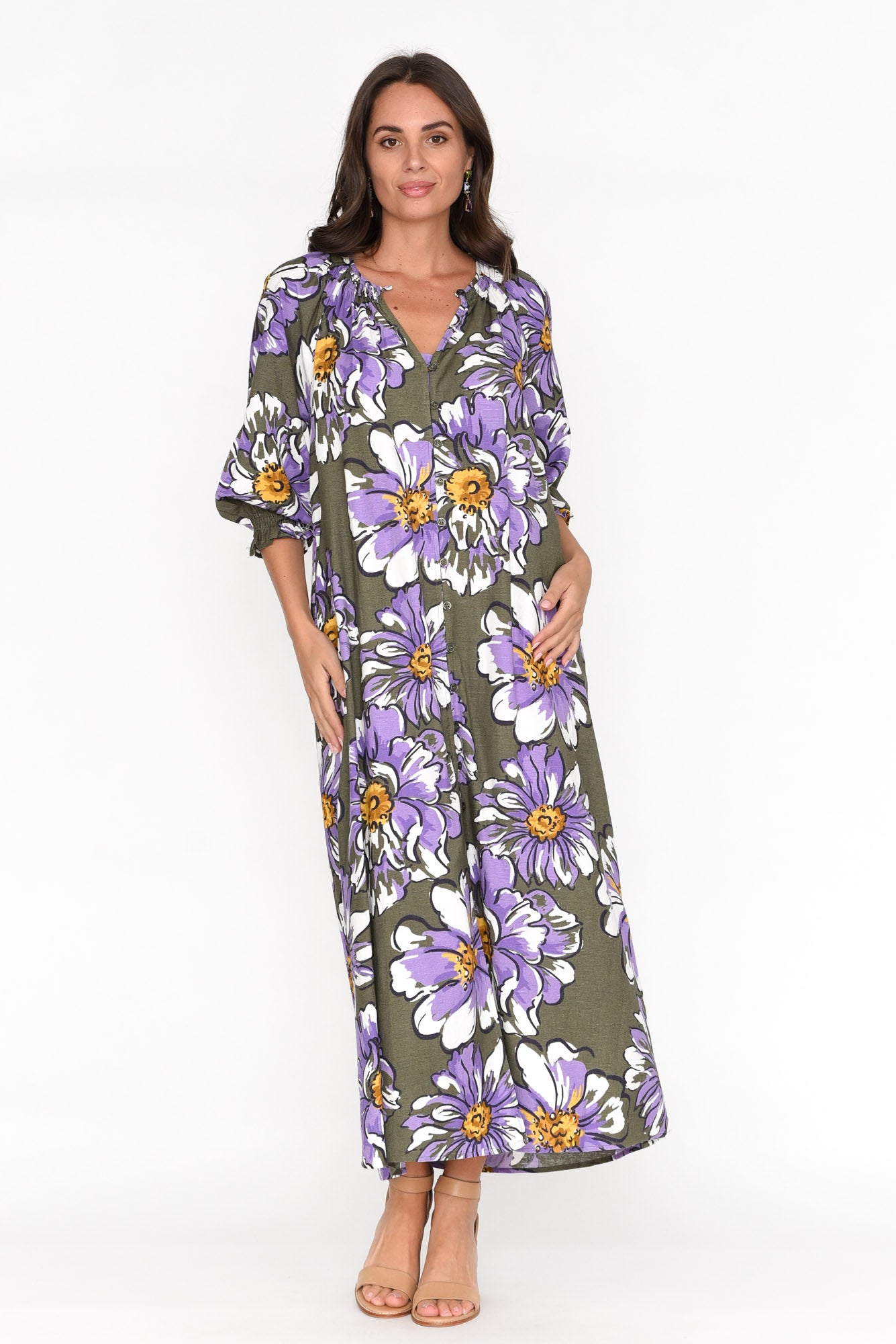 Antelle Khaki Blossom Linen Blend Dress