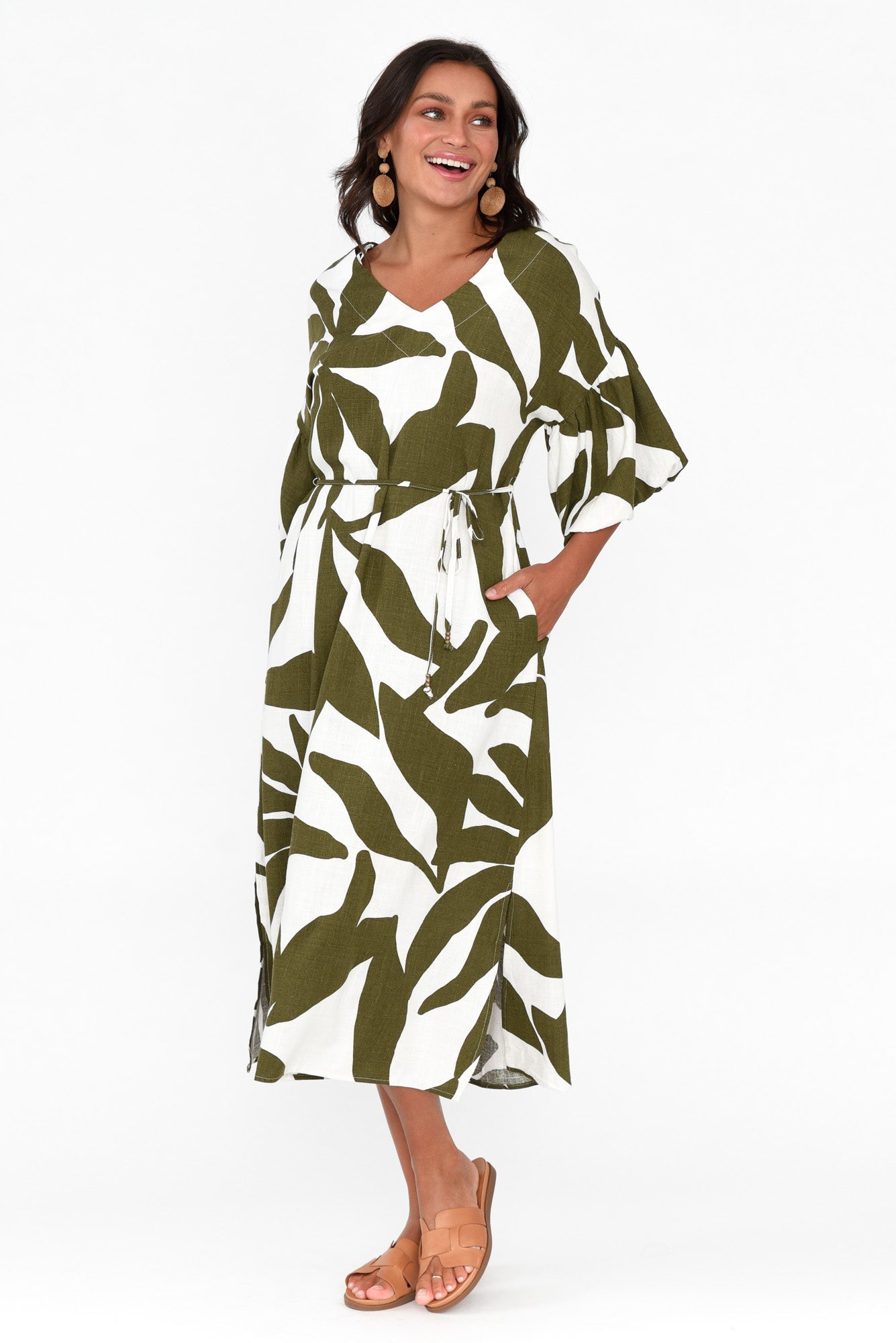Lotte Green Leaf Puff Sleeve Dress
