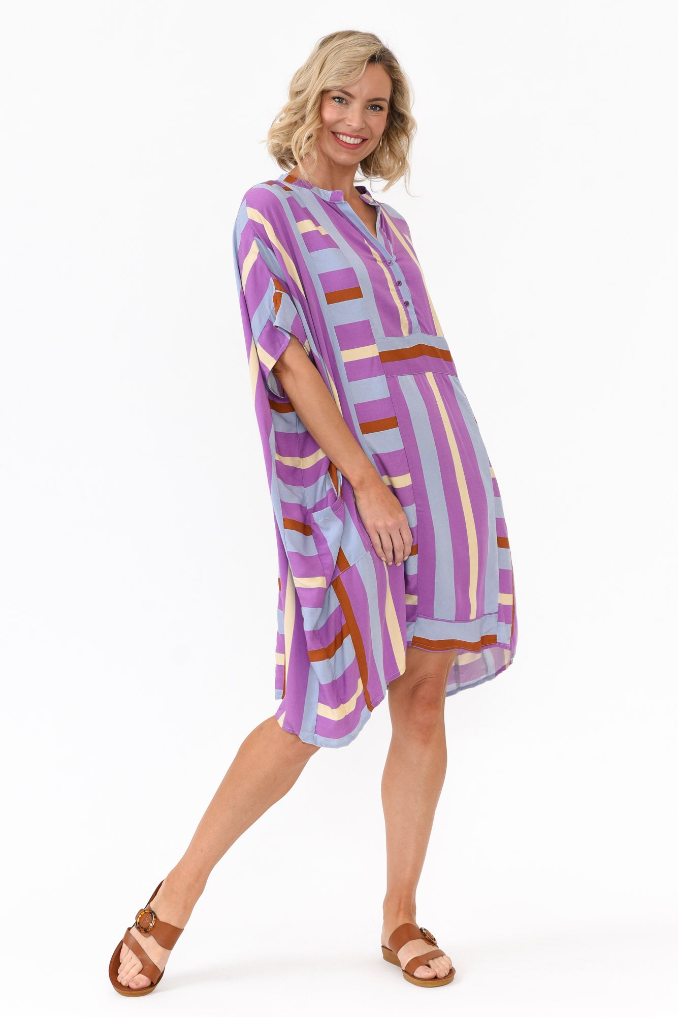 Maye Purple Stripe V Neck Kaftan