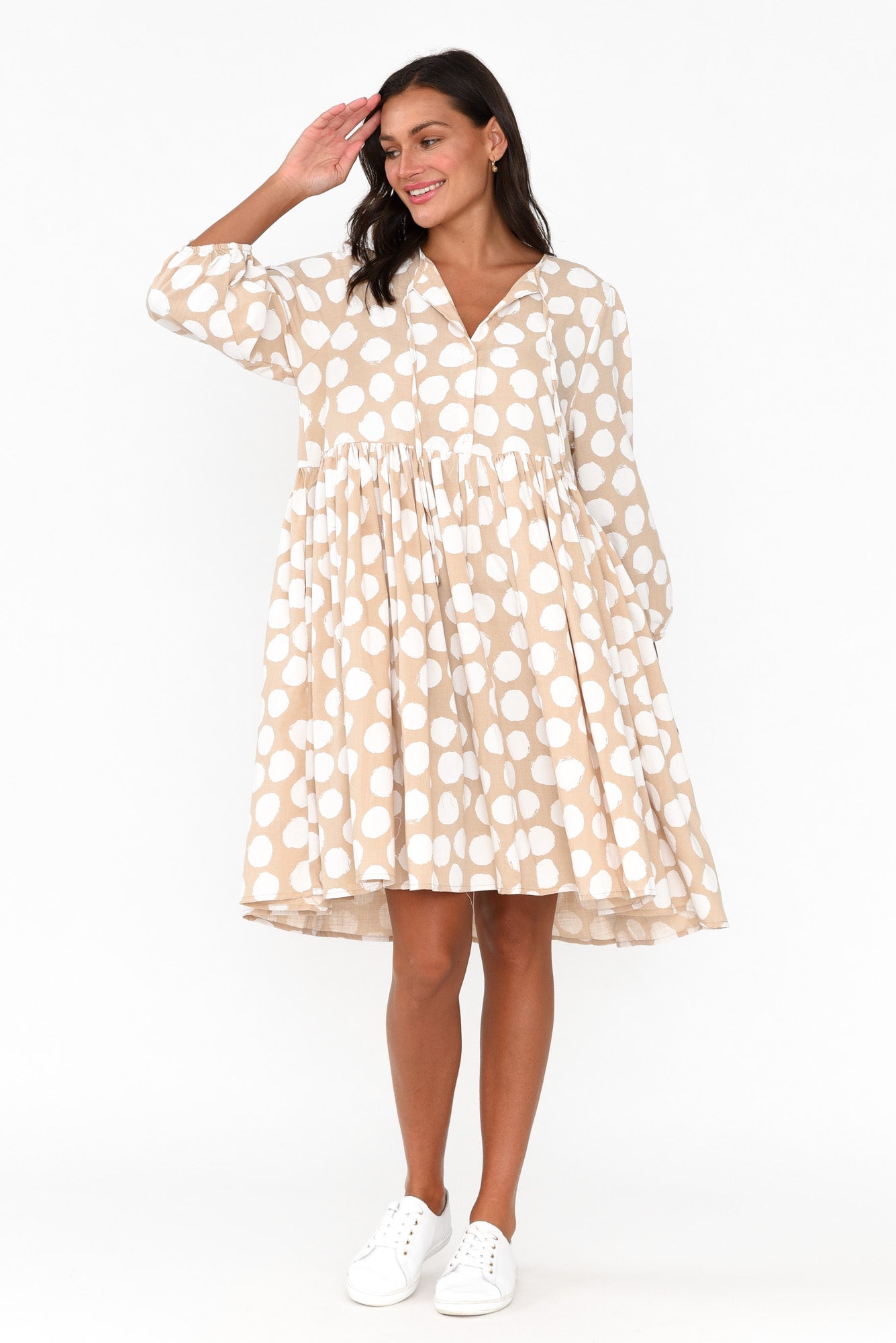 Frieda Beige Spot Cotton Tie Dress