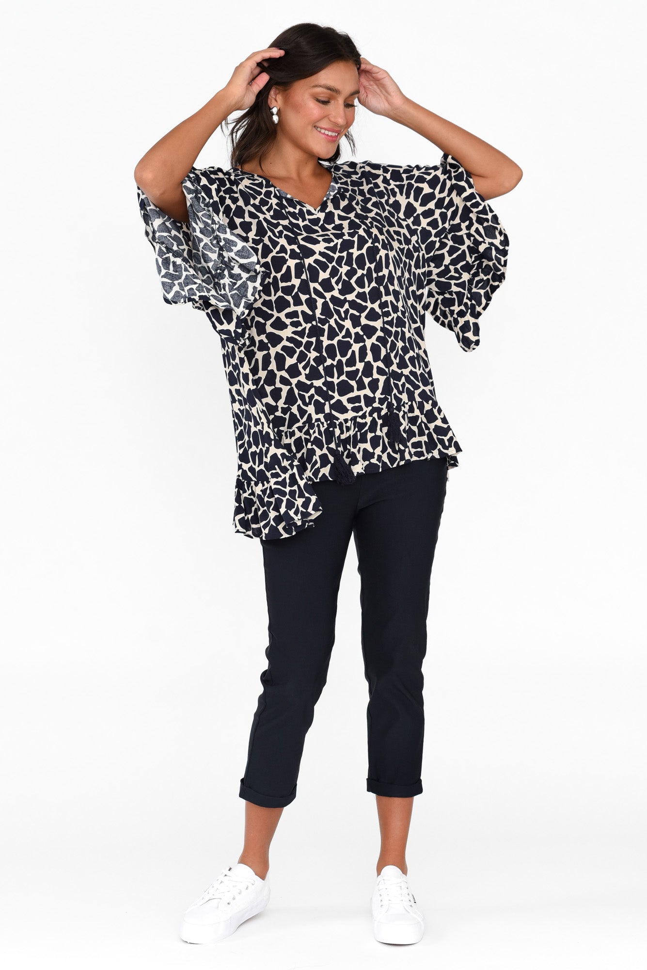 Chase Navy Abstract Tassel Ruffle Top