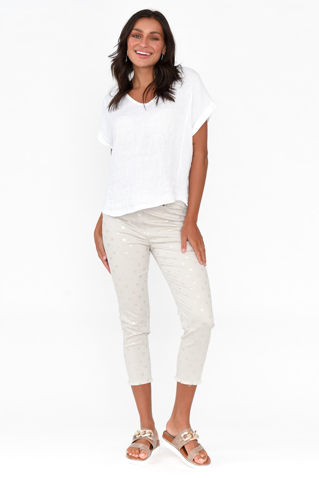 Reed Taupe Foil Spot Cotton Capri Pant