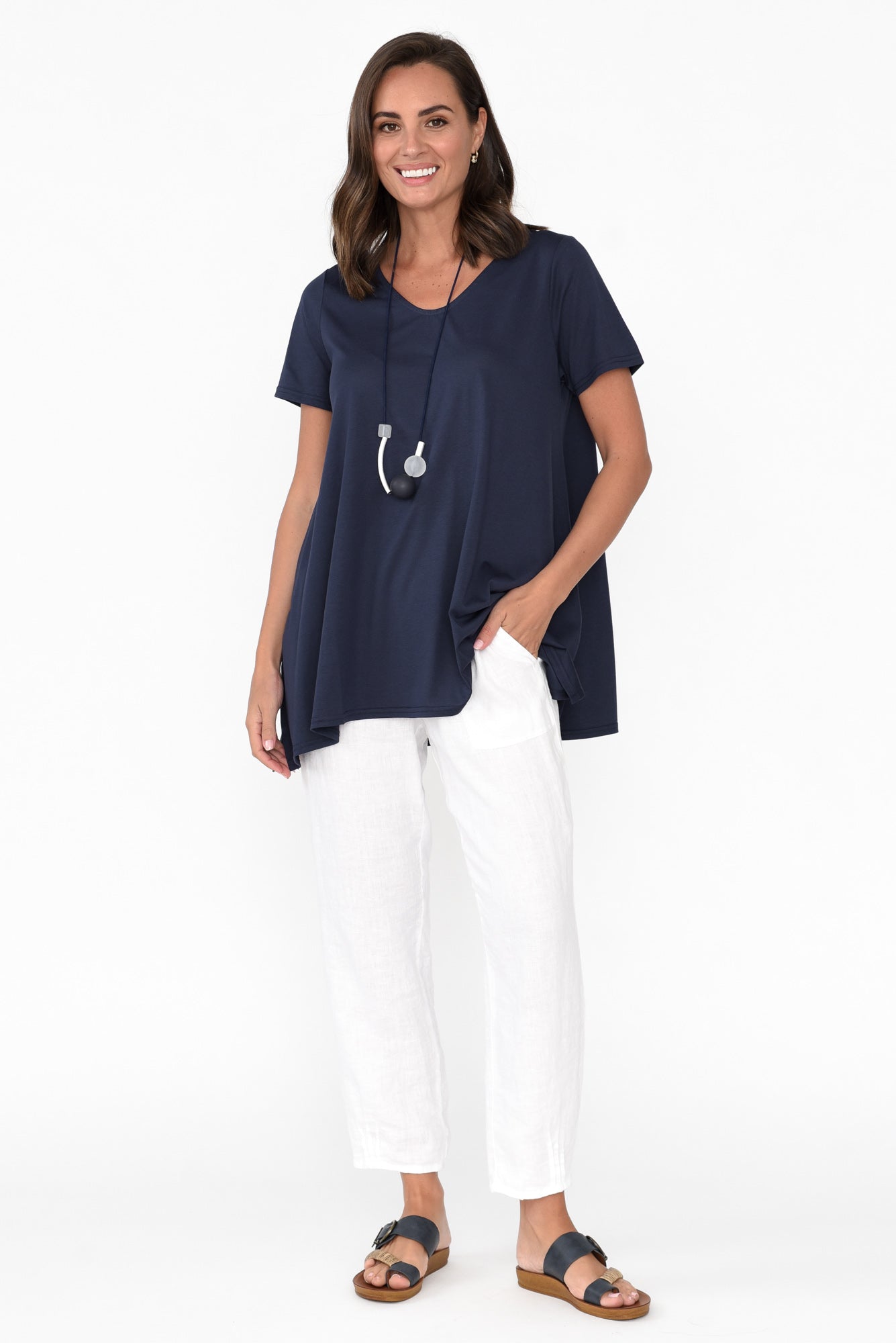 Marcy Navy Drape Cotton Top