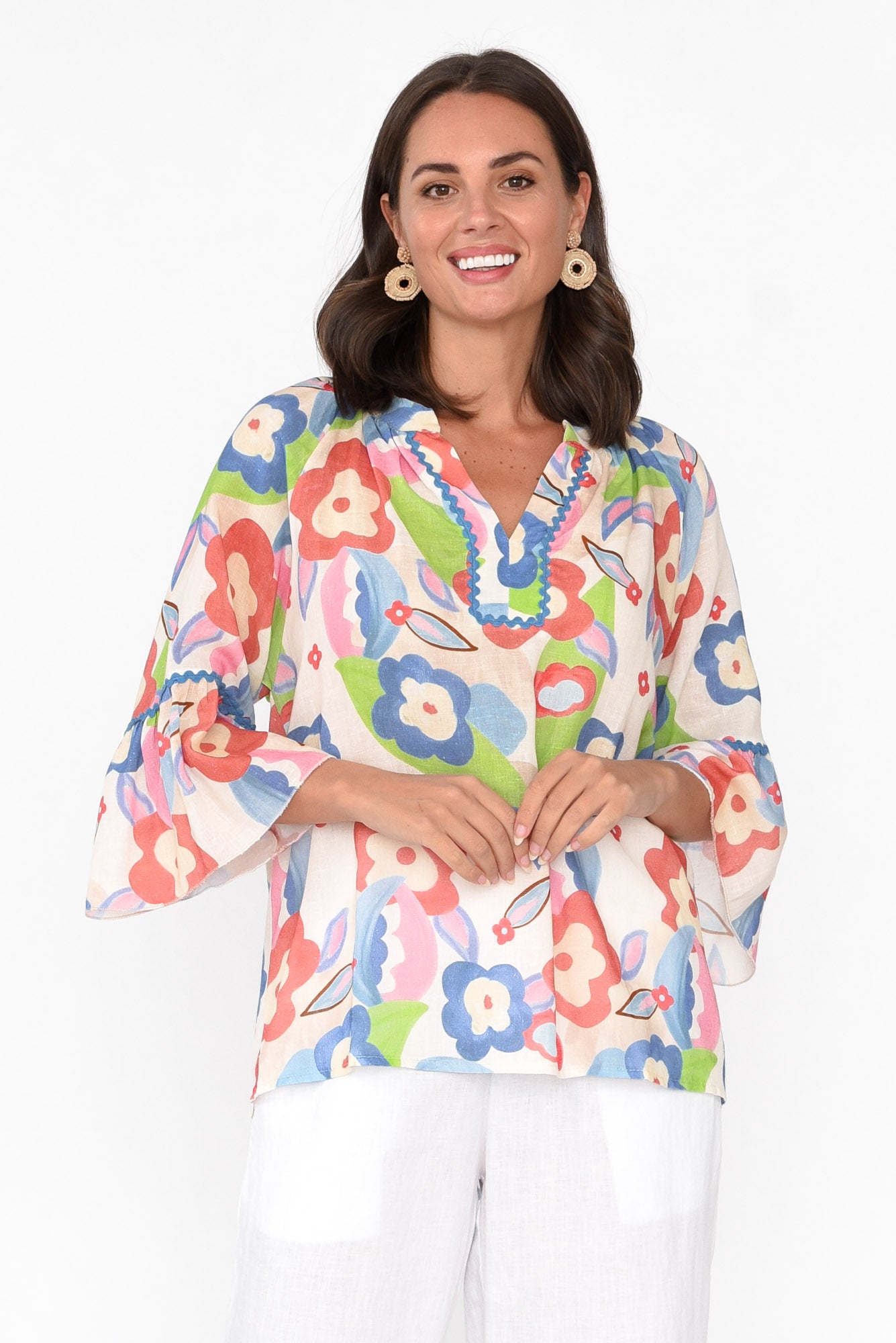 Wilda Blue Floral Linen Cotton Top