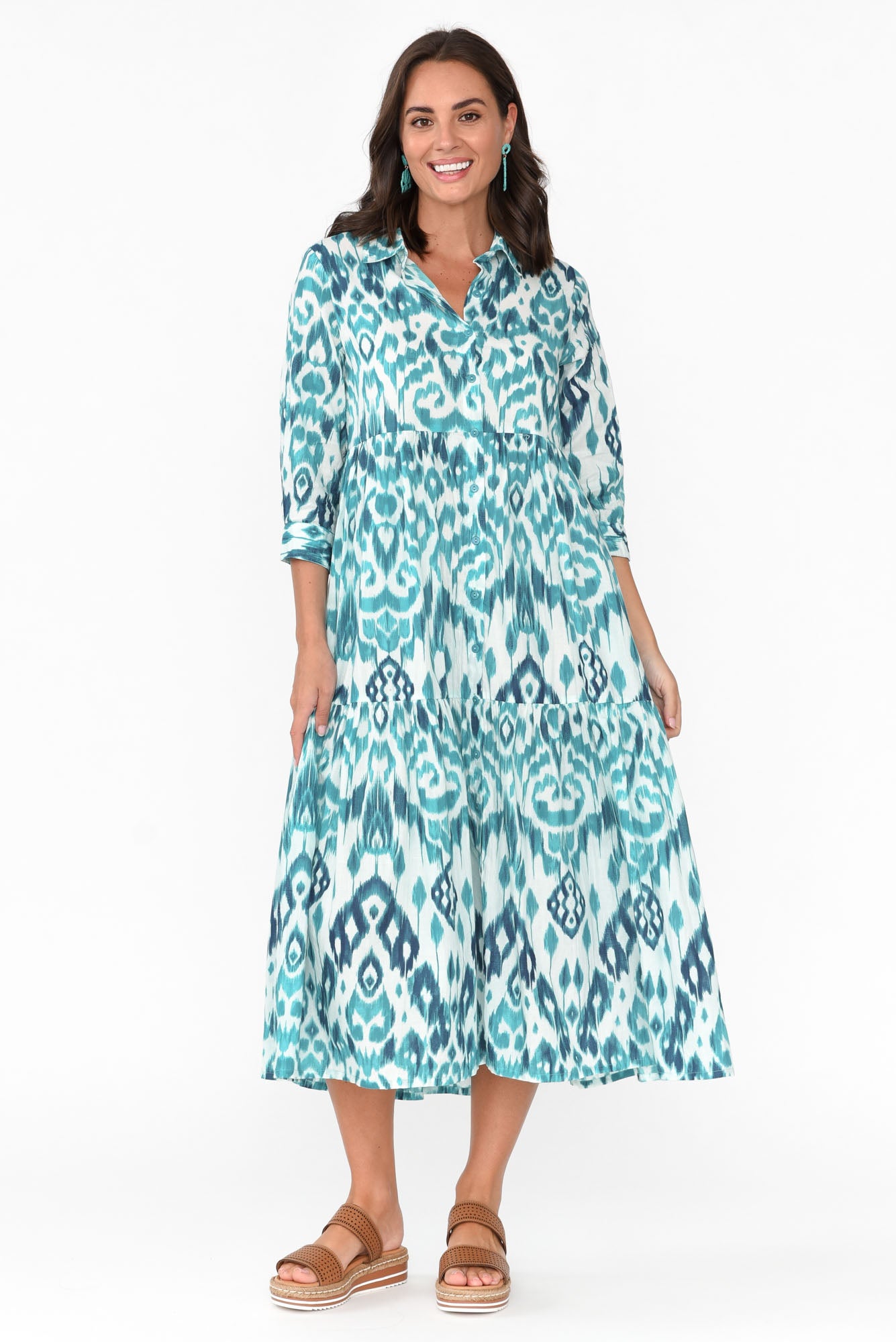 Izmir Turquoise Geo Organic Cotton Tiered Dress