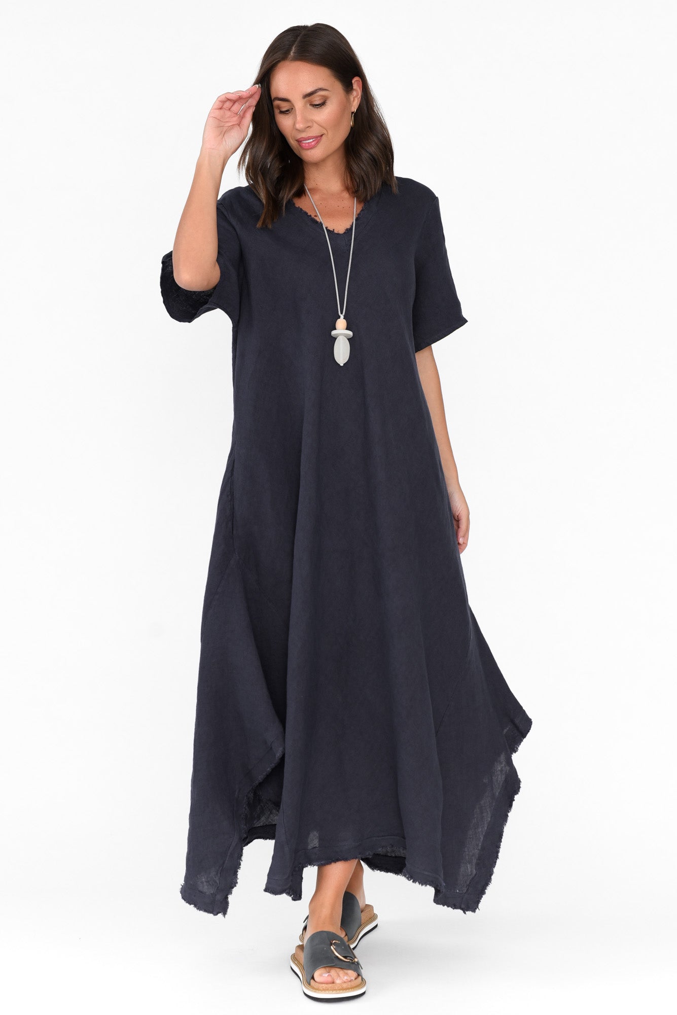 Lacasa Navy Linen Frayed Dress