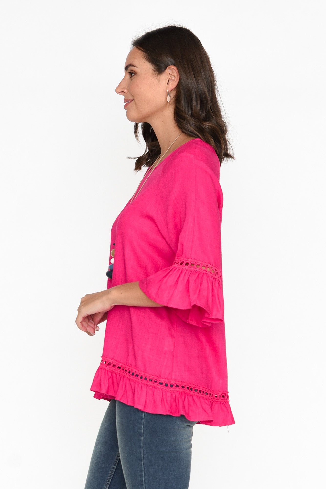 Tinker Hot Pink Linen Cotton Ruffle Top