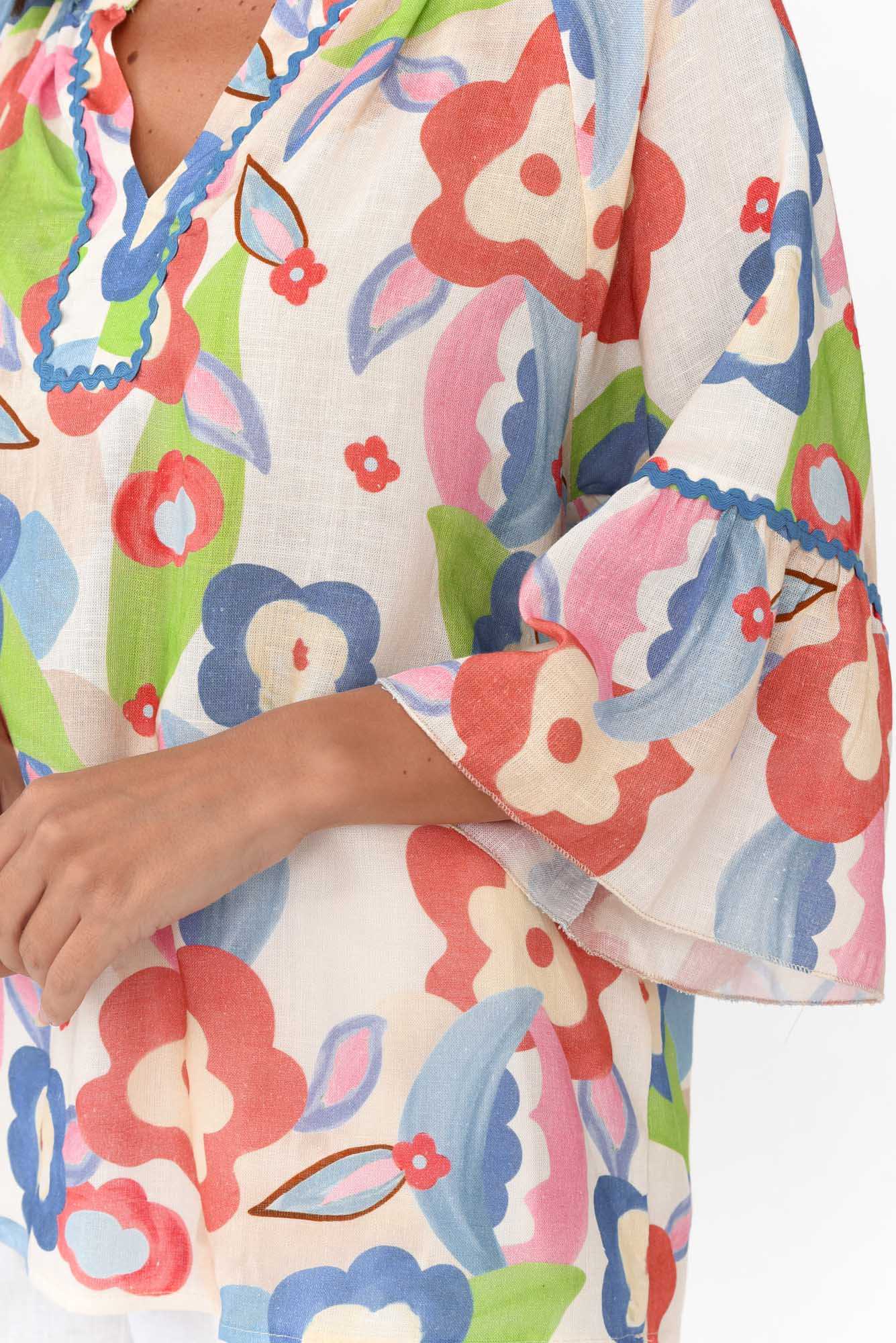 Wilda Blue Floral Linen Cotton Top