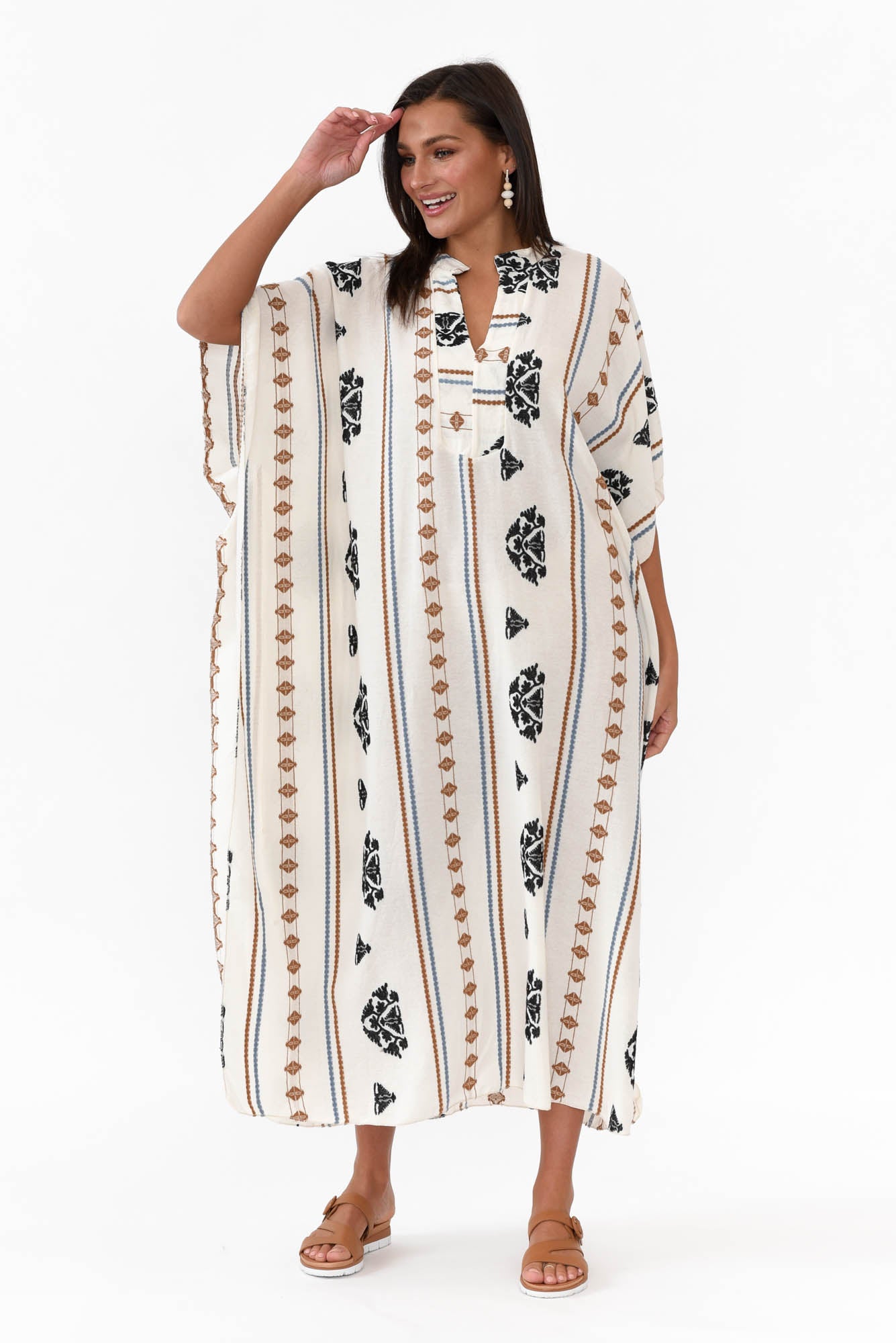 Higgins White Embroidered Cotton Kaftan