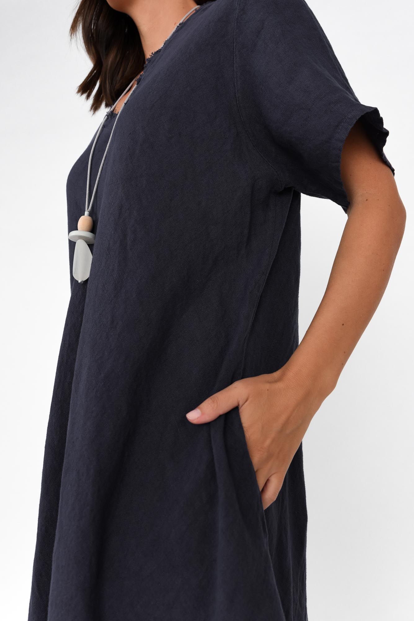 Lacasa Navy Linen Frayed Dress