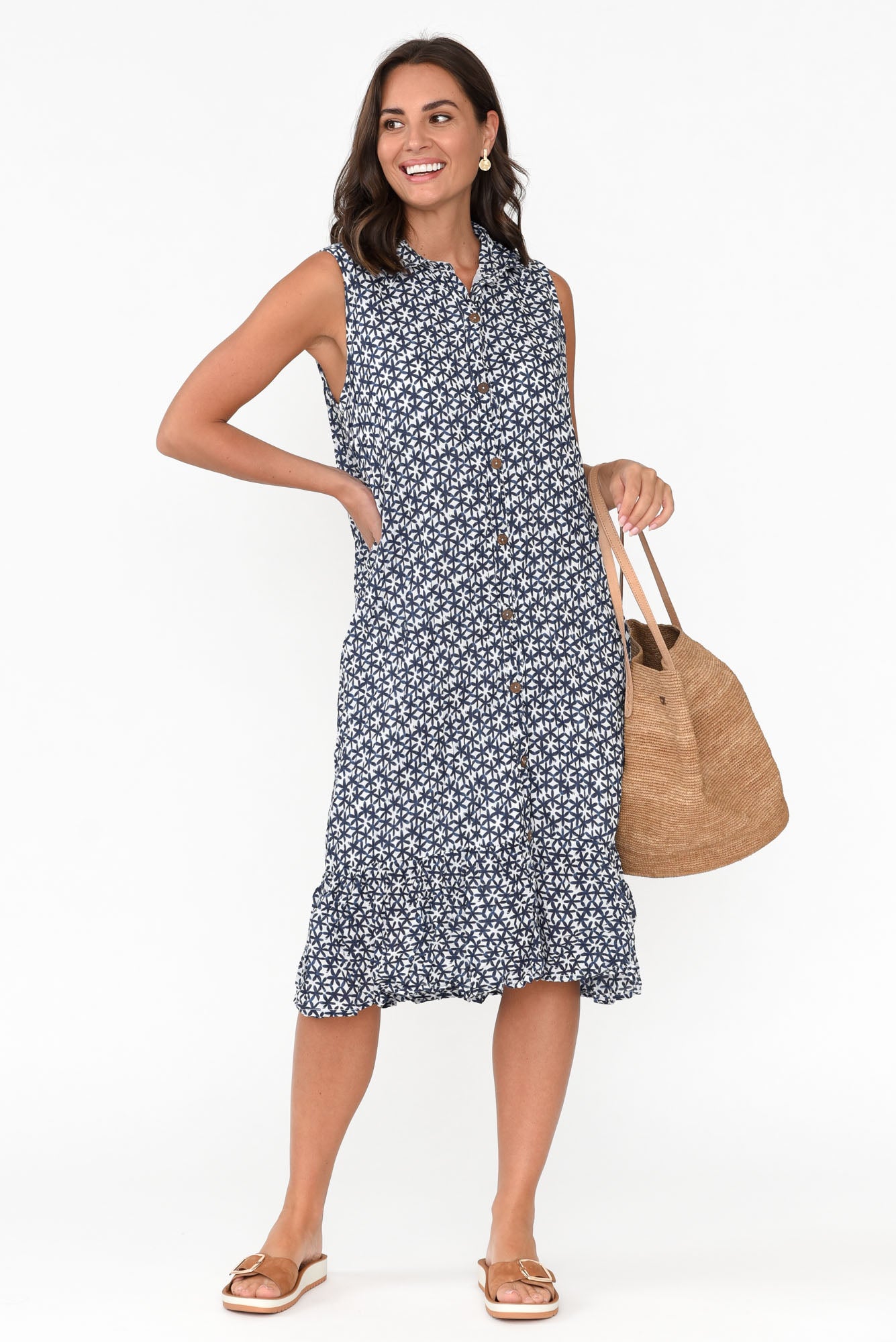 Luca Navy Flower Cotton Frill Hem Dress