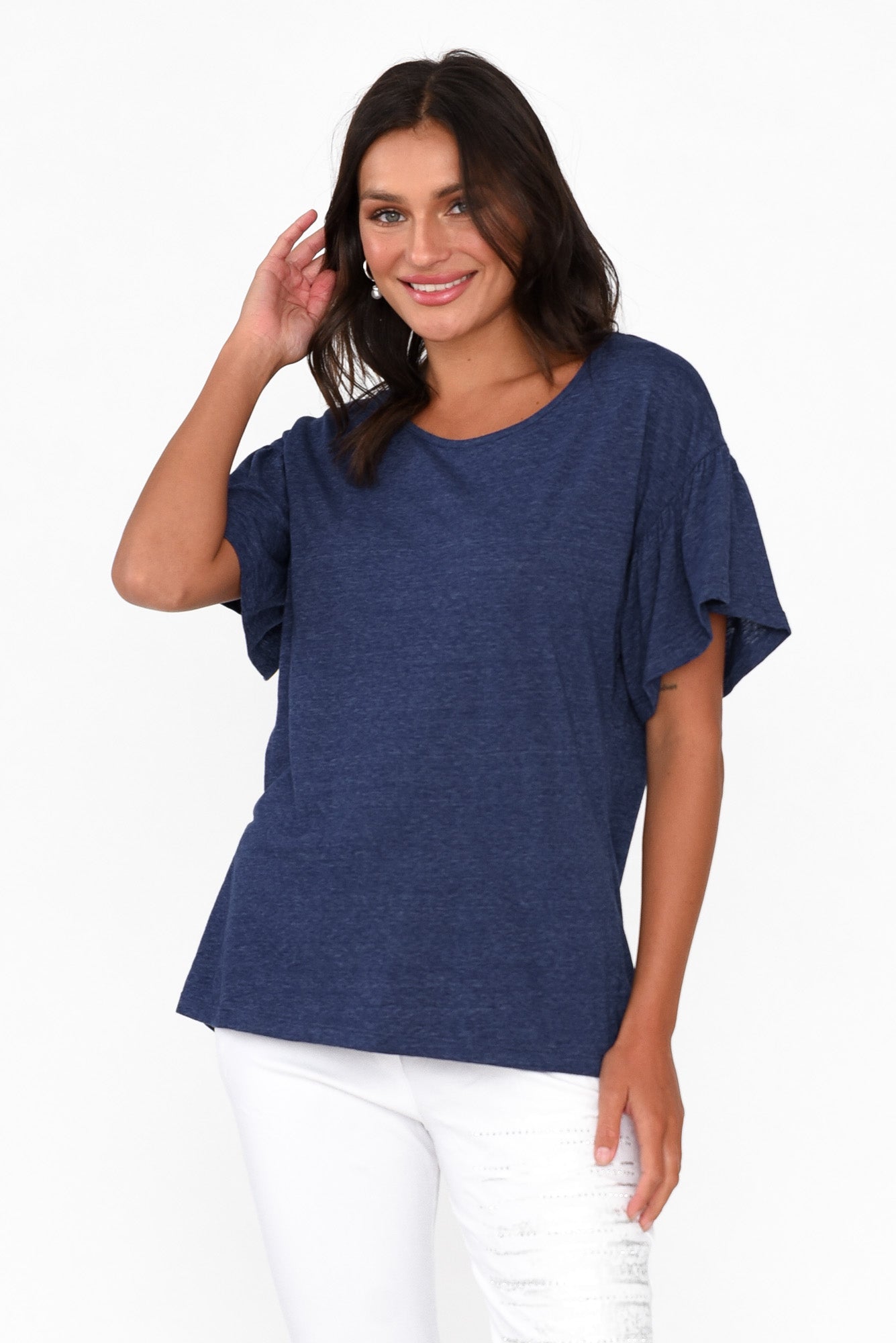Alessia Navy Cotton Blend Frill Top