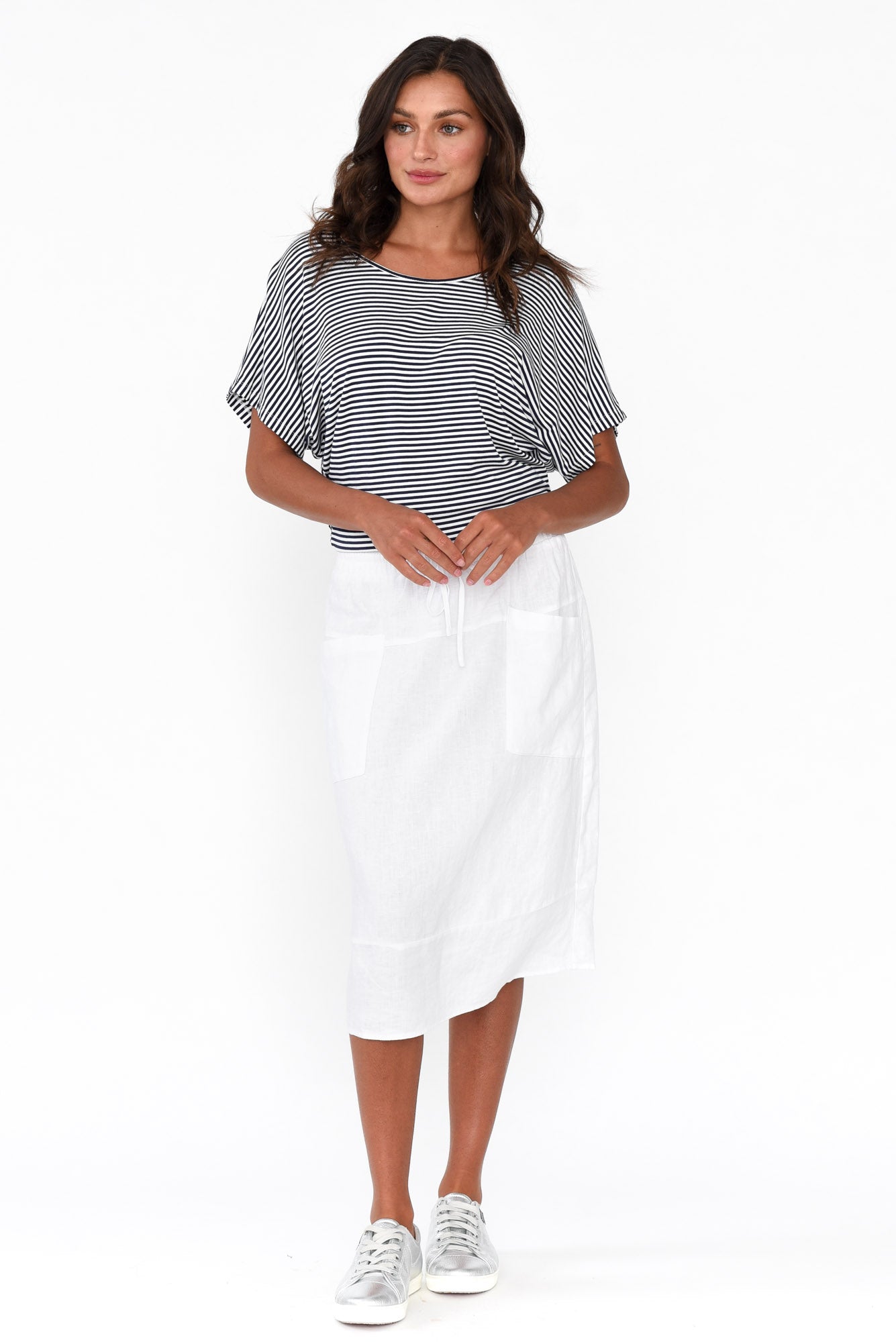 Claire White Linen Pocket Midi Skirt