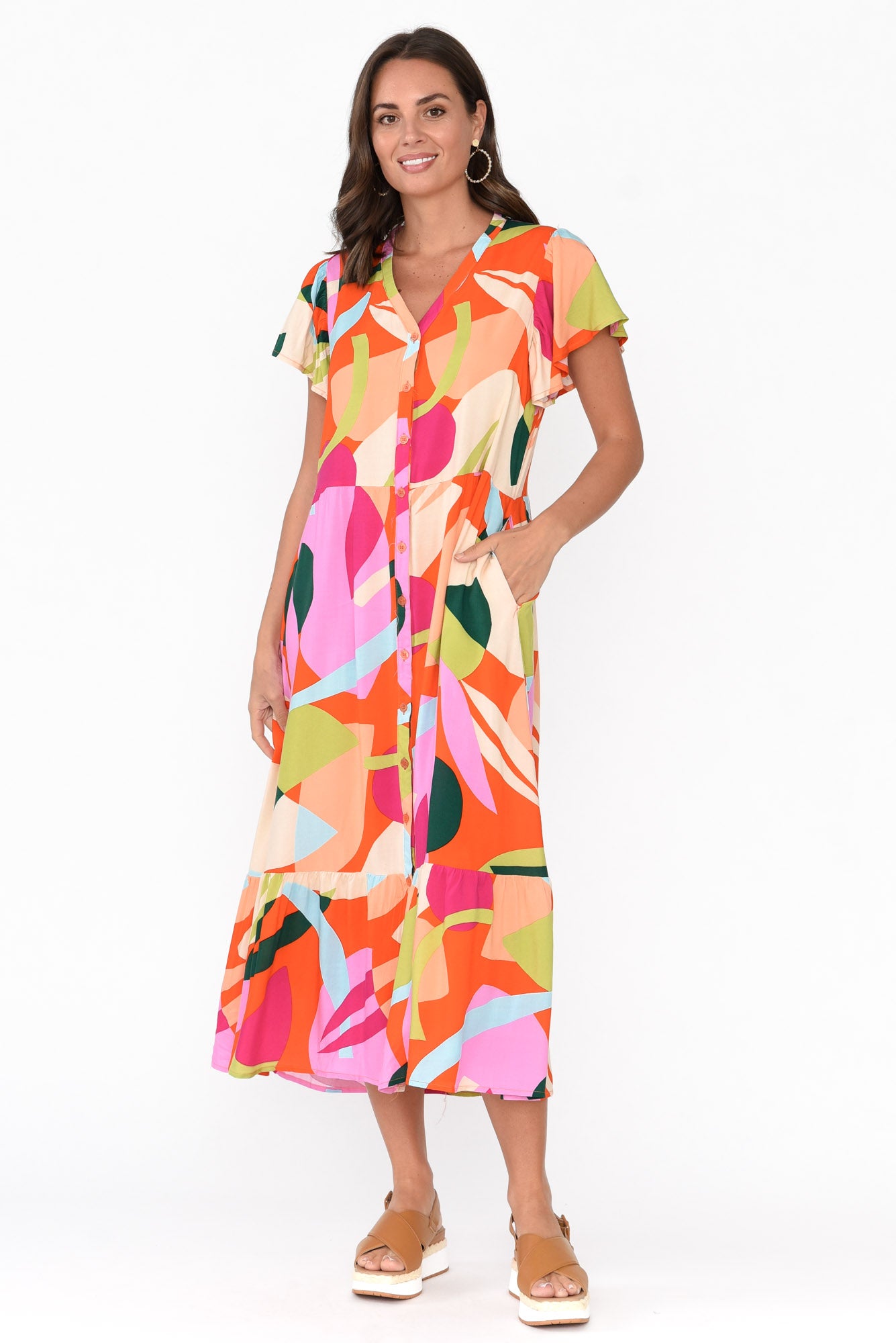 Edna Red Abstract Maxi Shirt Dress