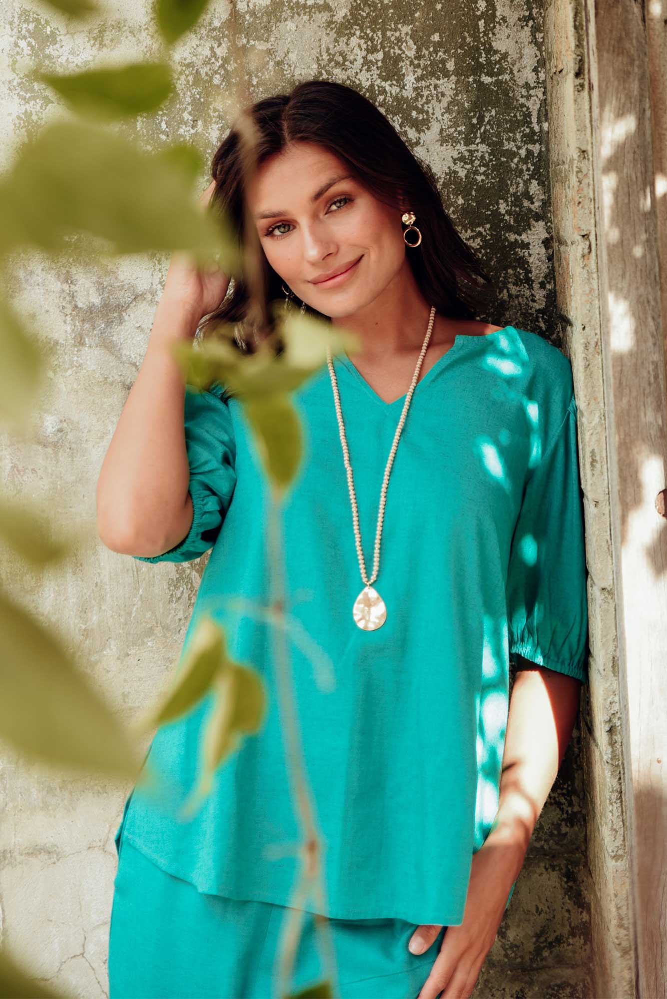 Alba Teal Linen Blend Blouse Top