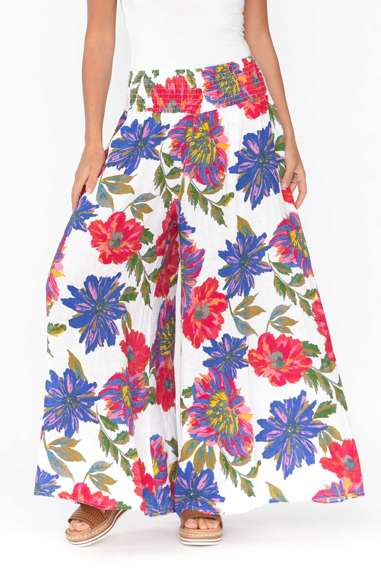Rumi Red Blossom Wide Leg Linen Pant