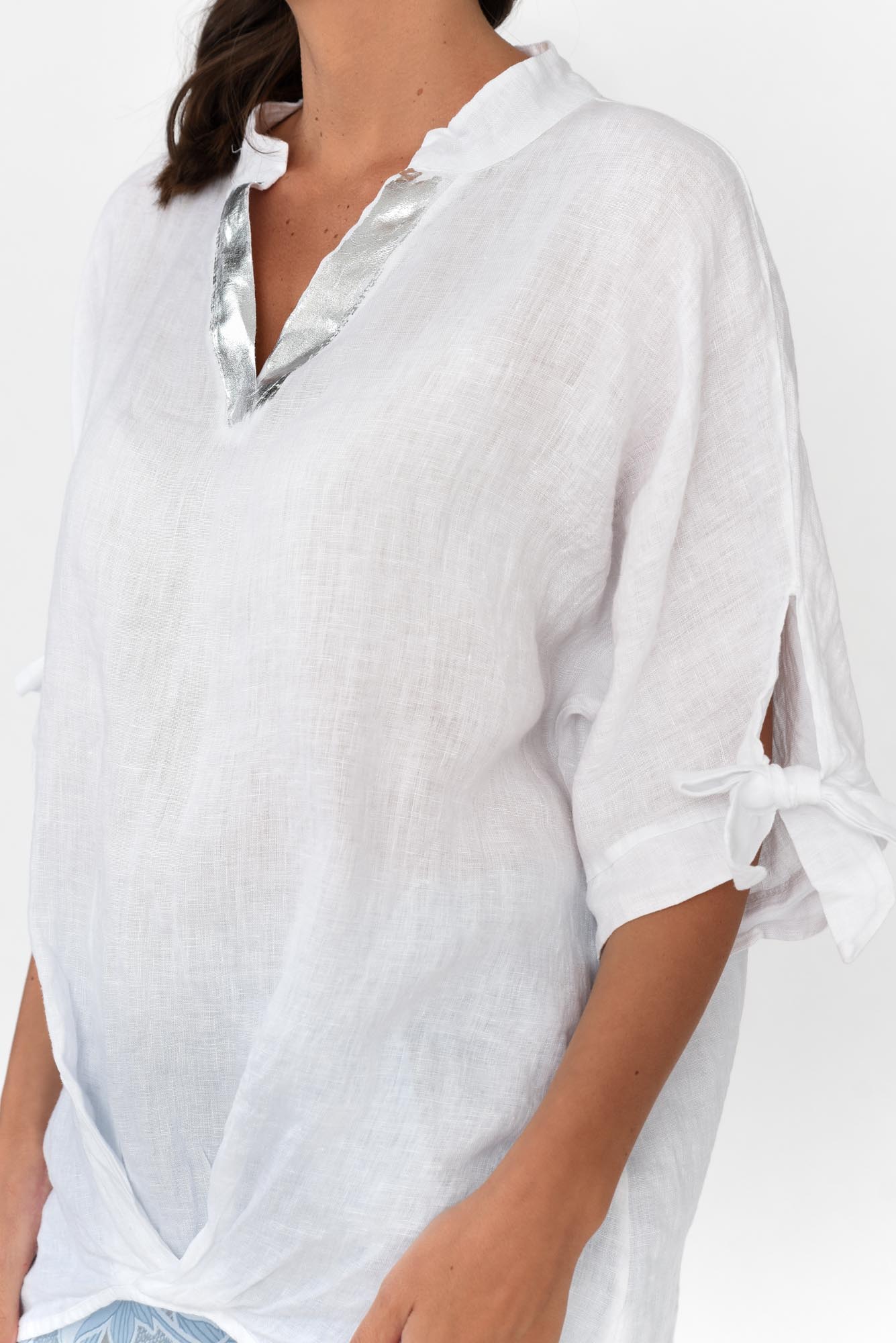 Pierce White Foil Linen V Neck Top