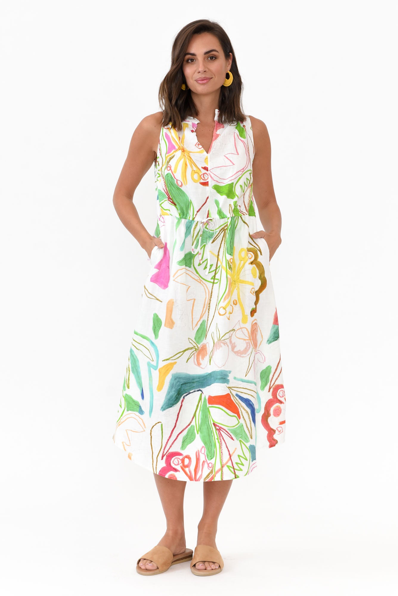 Adams White Abstract Linen Dress