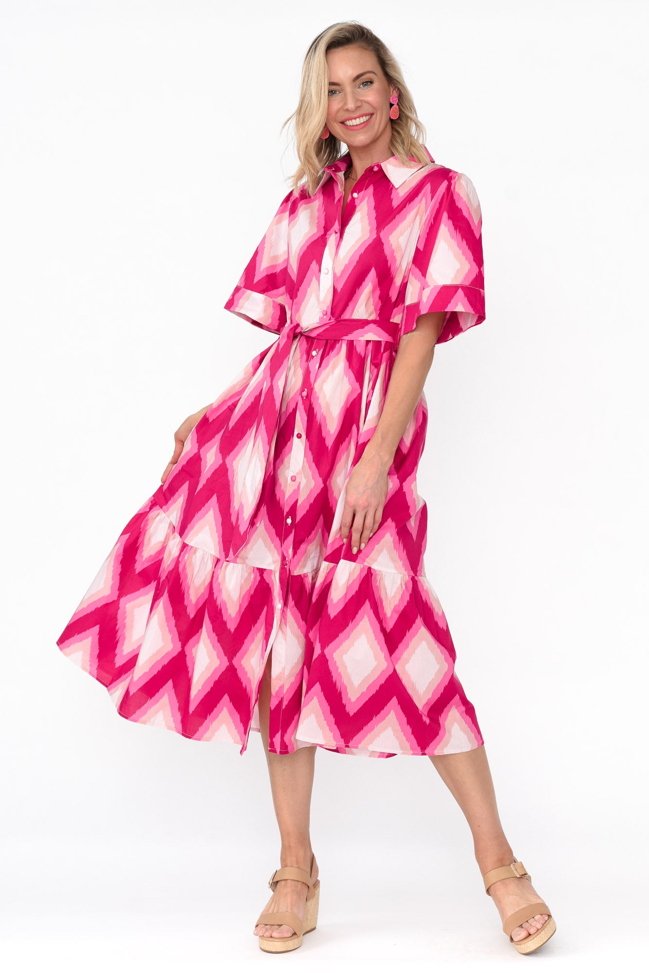 Ladonna Pink Geo Cotton Shirt Dress