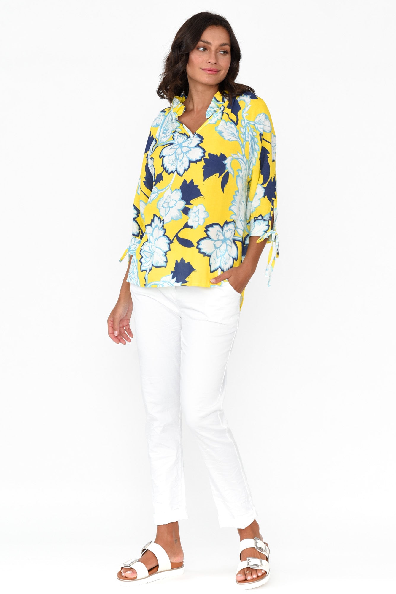 Hebe Yellow Floral Linen Blend Top