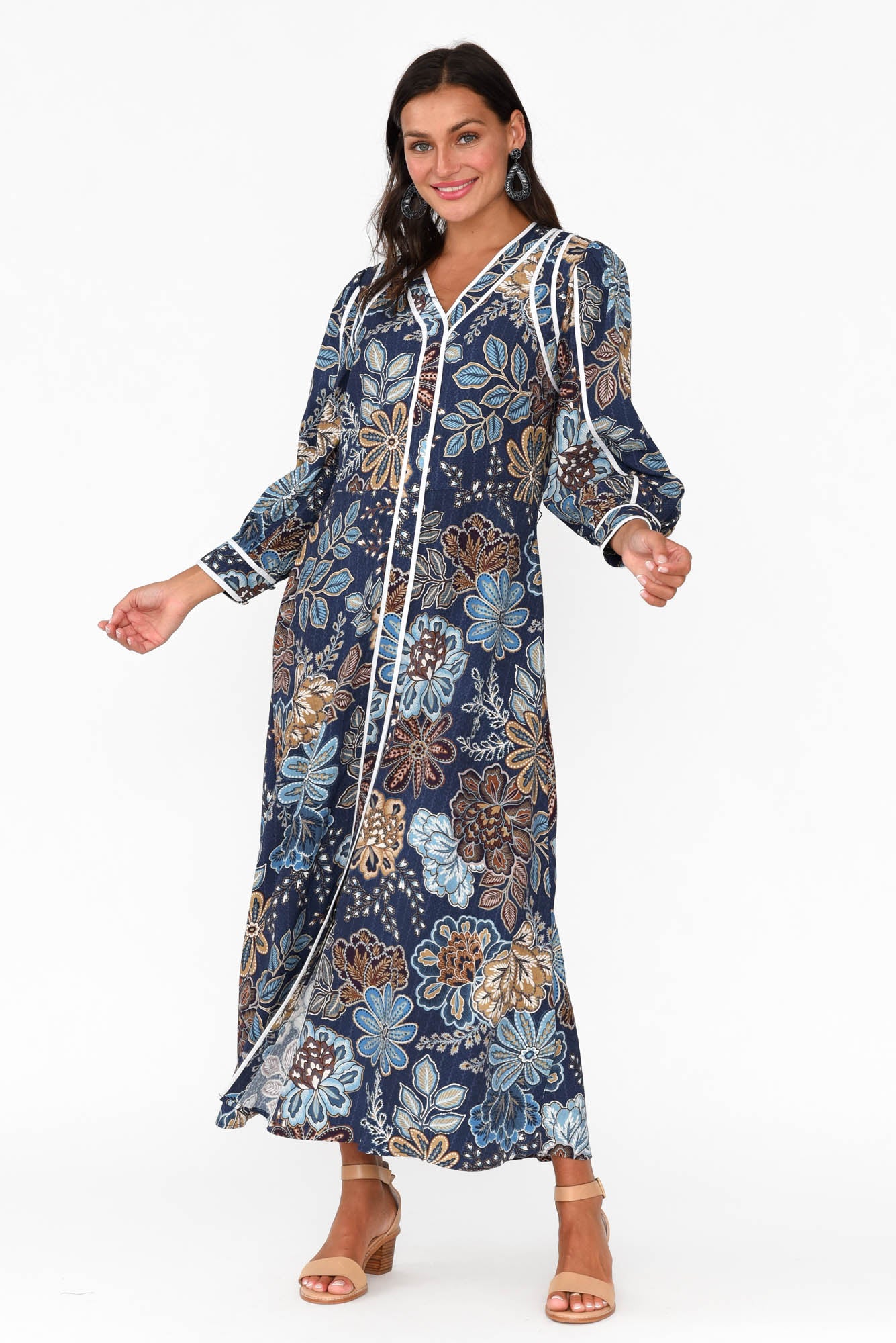 Lorene Navy Flower Bishop Sleeve Dress