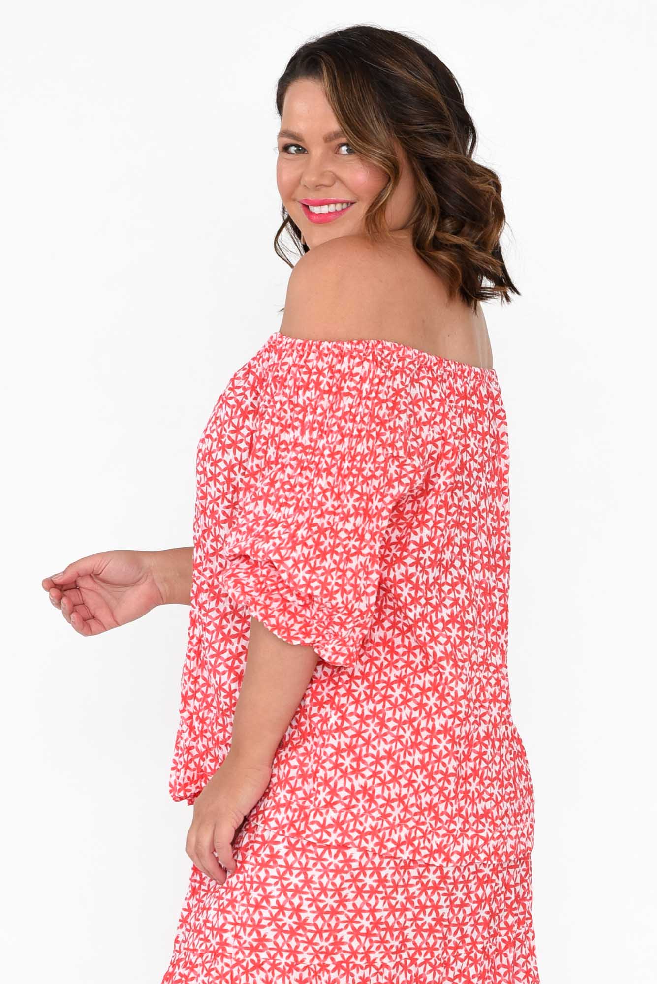 Christina Red Flower Crinkle Cotton Top