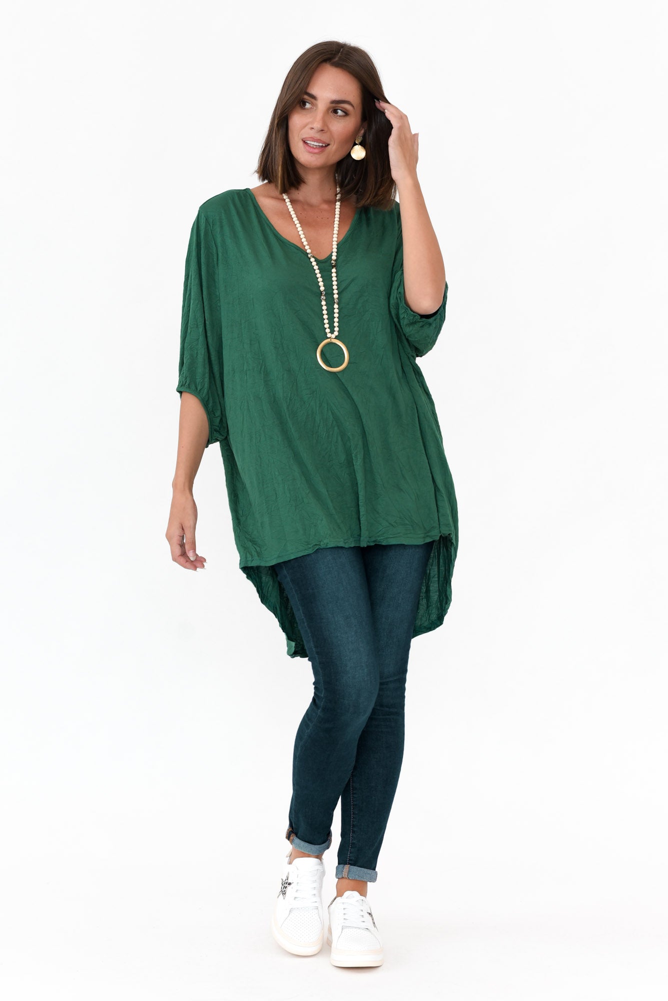 Agnes Emerald Crinkle Cotton Hi Lo Top