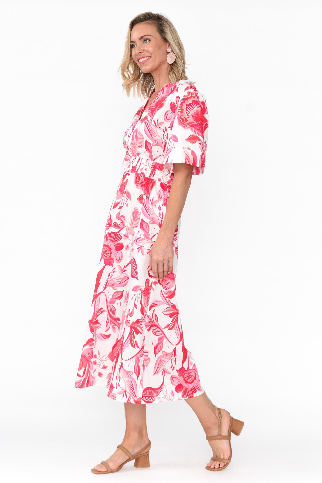 Marinda Pink Floral Cotton V Neck Dress