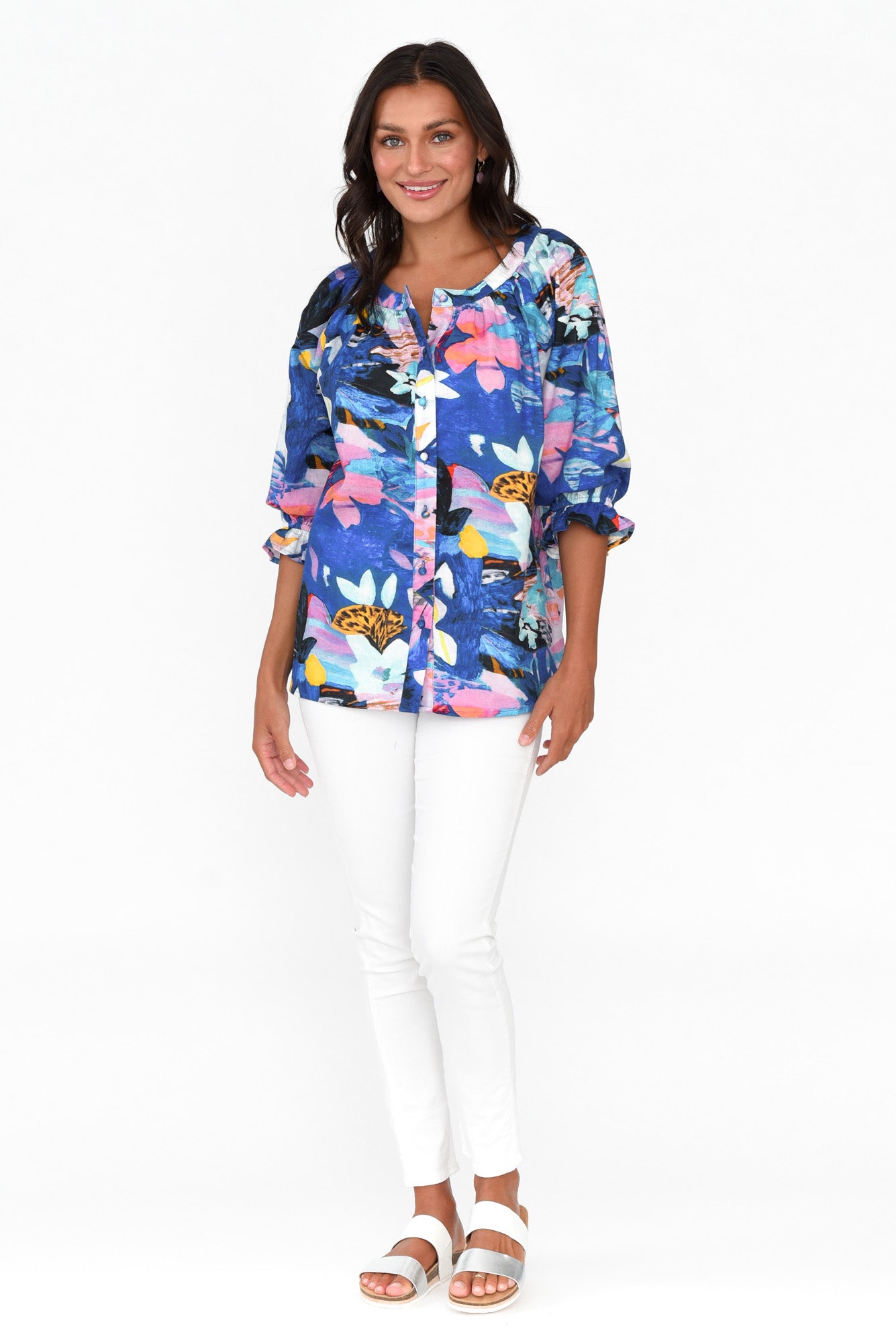 Adria Cobalt Floral Linen Cotton Top