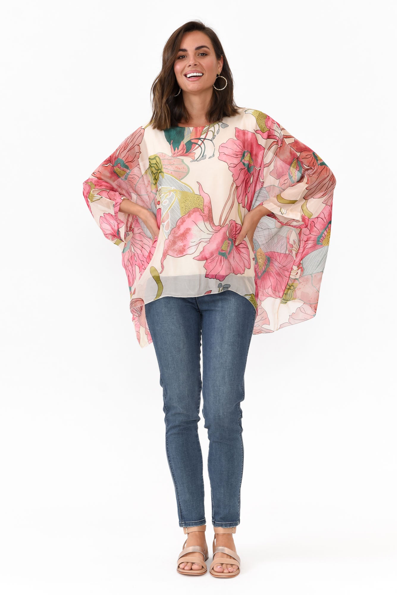 Trevino Pink Flower Silk Overlay Top