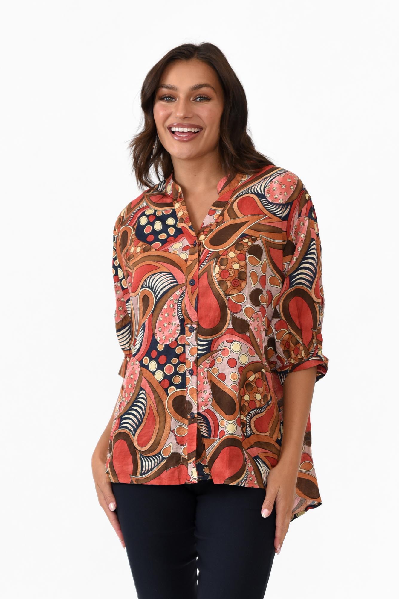 Albright Rust Abstract Cotton Button Top